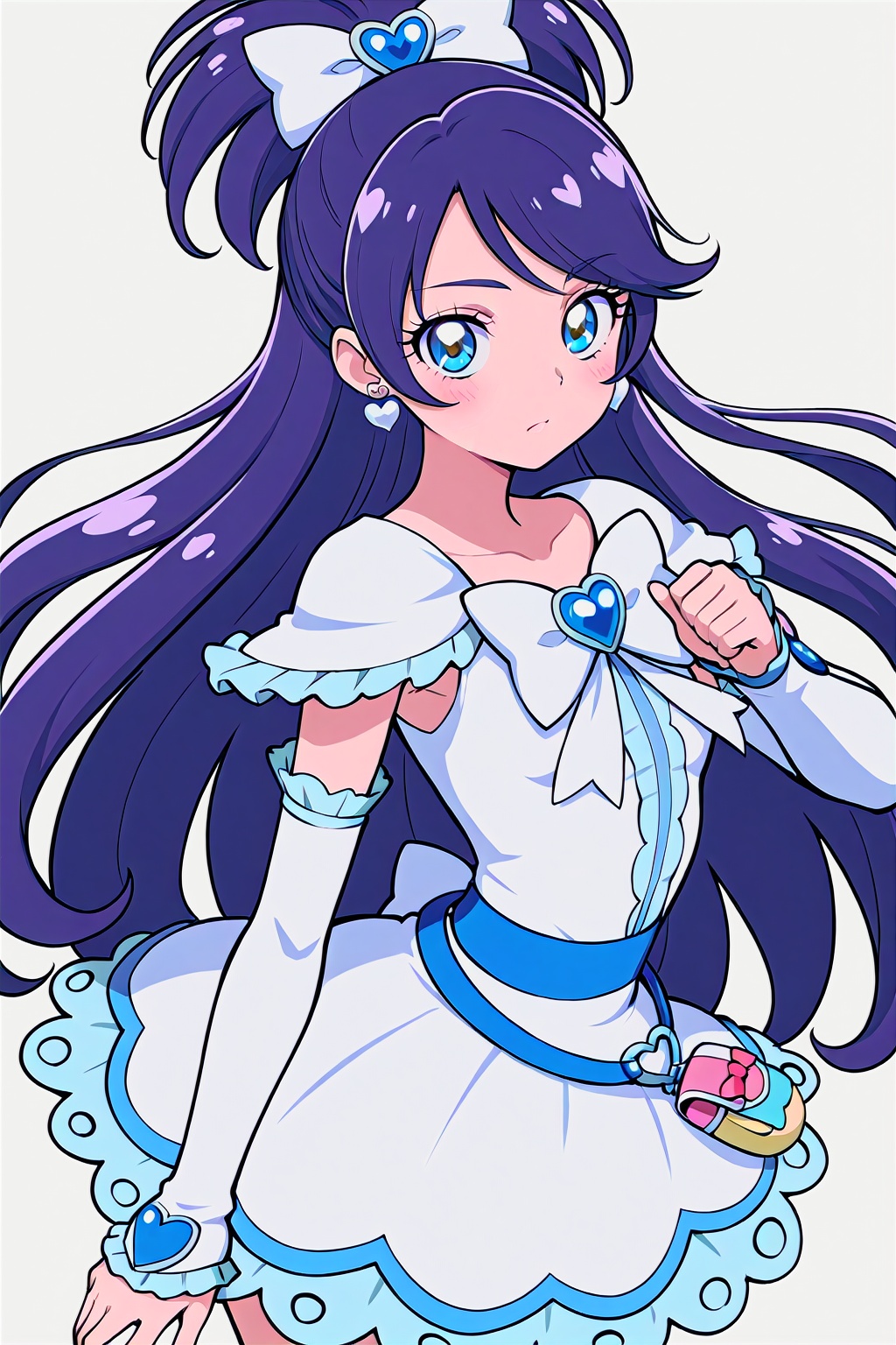 masterpiece,best quality, highly detailed, cure white,magical girl,1girl,solo,white dress,detached sleeves,looking at viewer,heart earrings,white bow,half updo<lora:cure_white:1>,simple background,white background