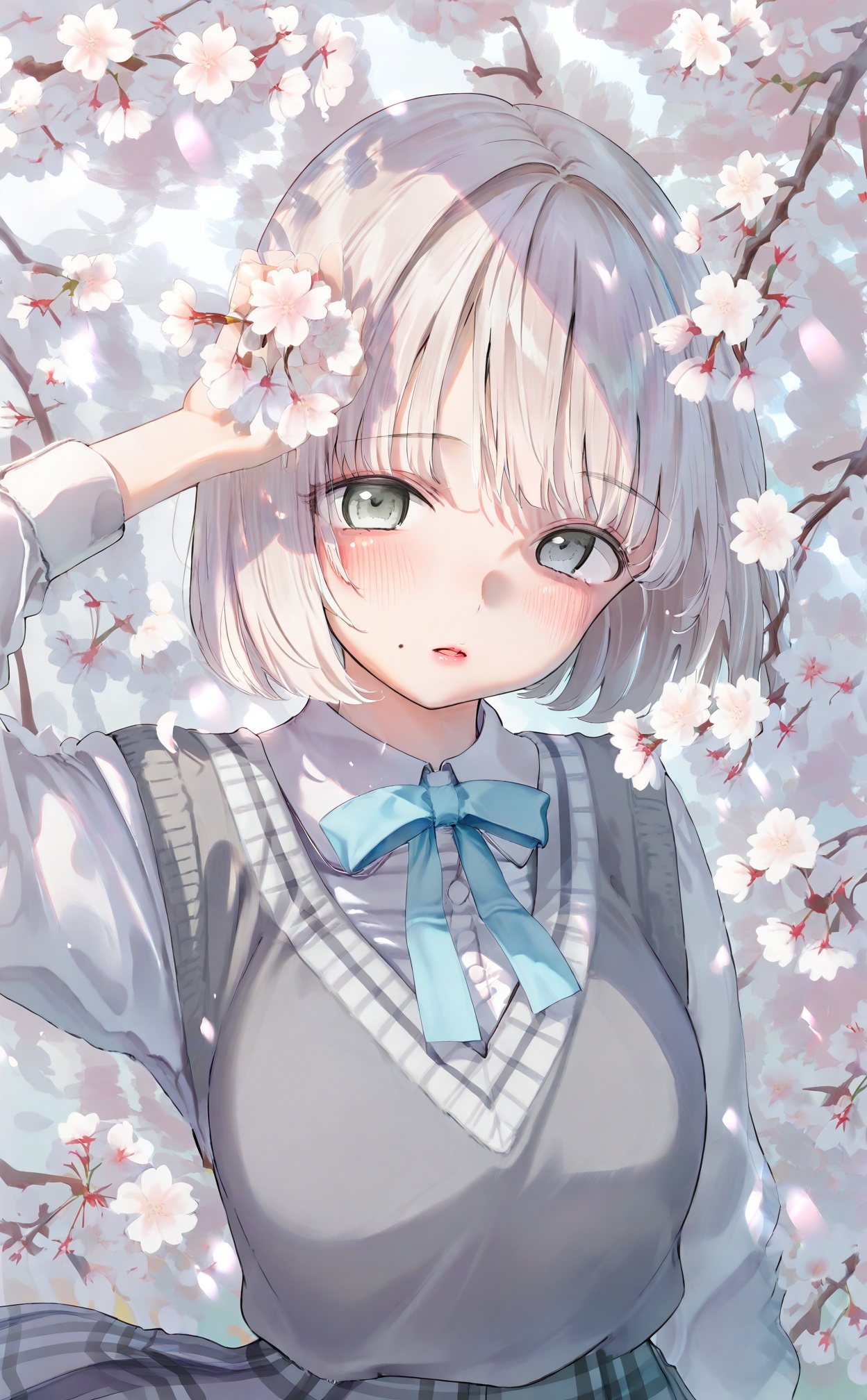 mmasterpiece,absurdres,best quality,petite,high quality,chromatic_aberration,//,1girl,solo,skirt,shirt,mole_under_mouth,looking_at_viewer,flower,cherry_blossoms,blush,mole,white_shirt,sweater_vest,short_hair,breasts,ribbon,white_hair,neck_ribbon,long_sleeves,collared_shirt,plaid,school_uniform,branch,parted_lips,grey_eyes,blue_ribbon,upper_body,plaid_skirt,grey_skirt,arm_up,large_breasts,green_eyes,bob_cut,dress_shirt,vest,bow,lips,sweater,//,<lora:kinako_(shiratama_mochi)——【CKXL】hans:1>,
