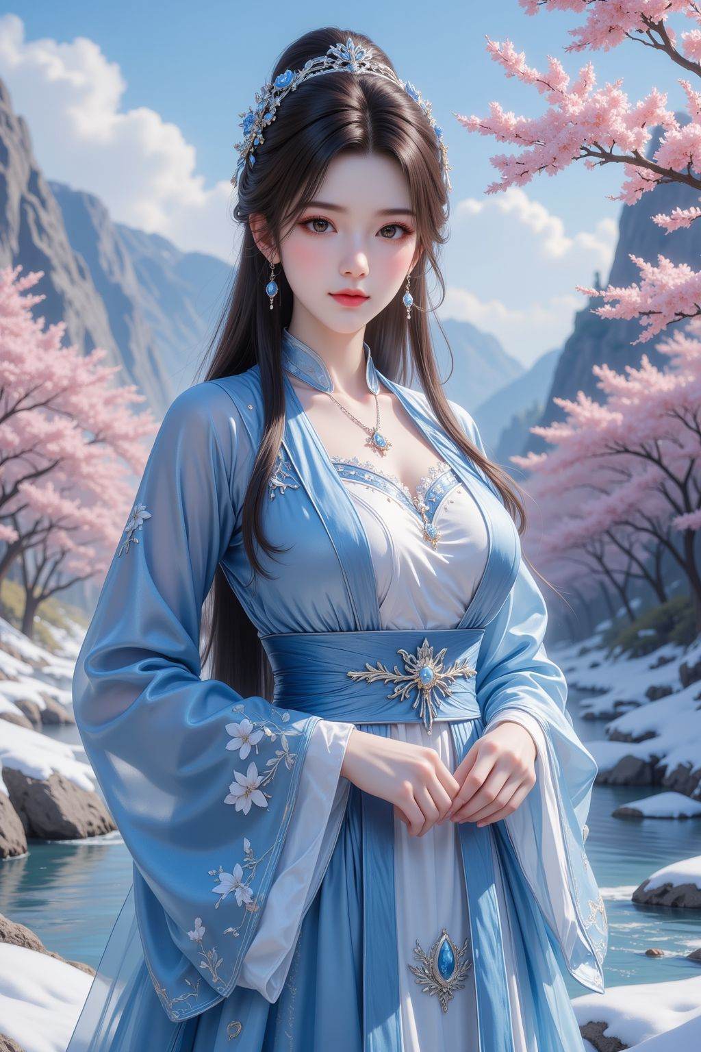 a teenage girl with long hair and brown eyes, wearing a blue winter chinese clothes, flowers, mountain stream