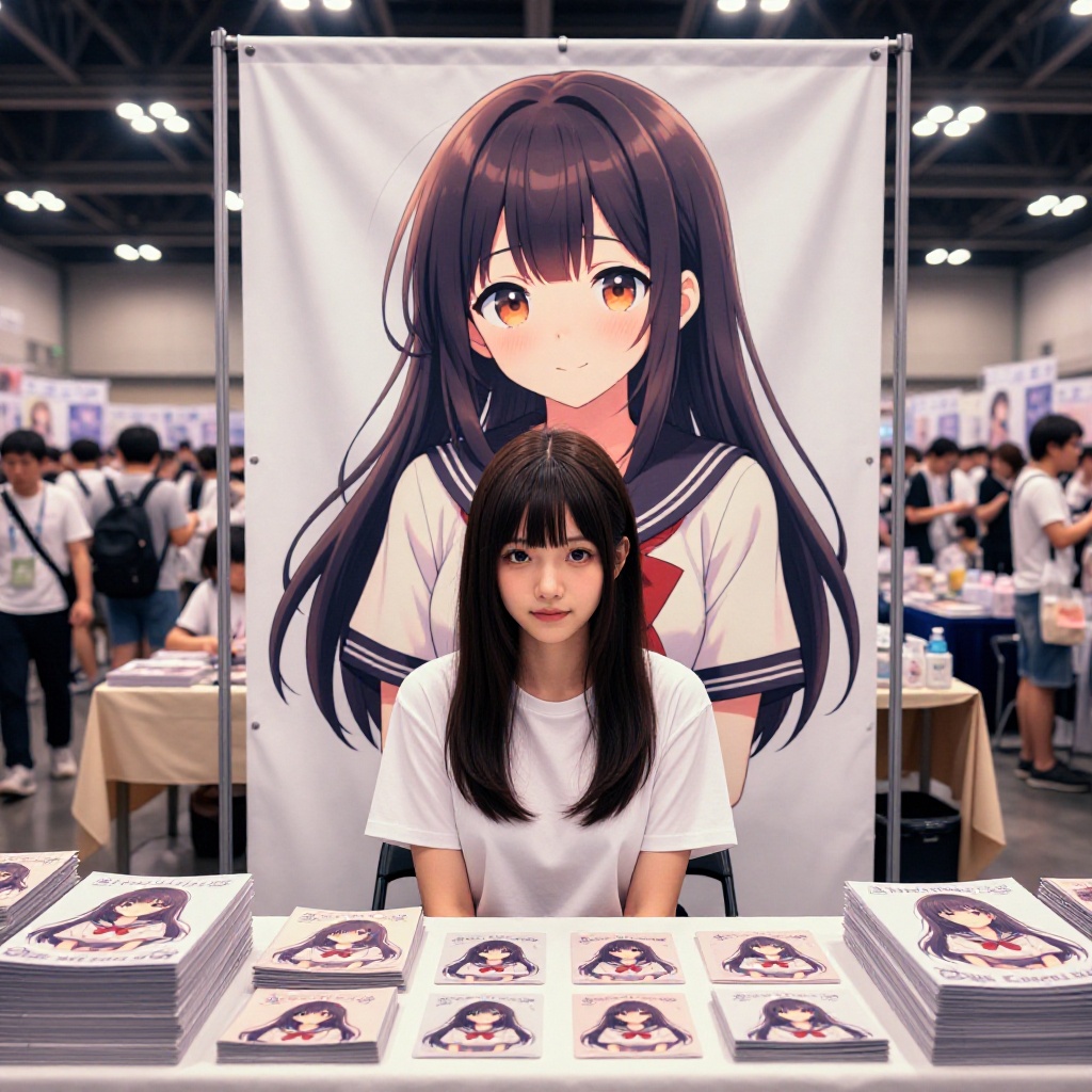 A young woman with long dark hair and bangs sits at a convention booth,  calmly looking at the viewer. She wears a simple...