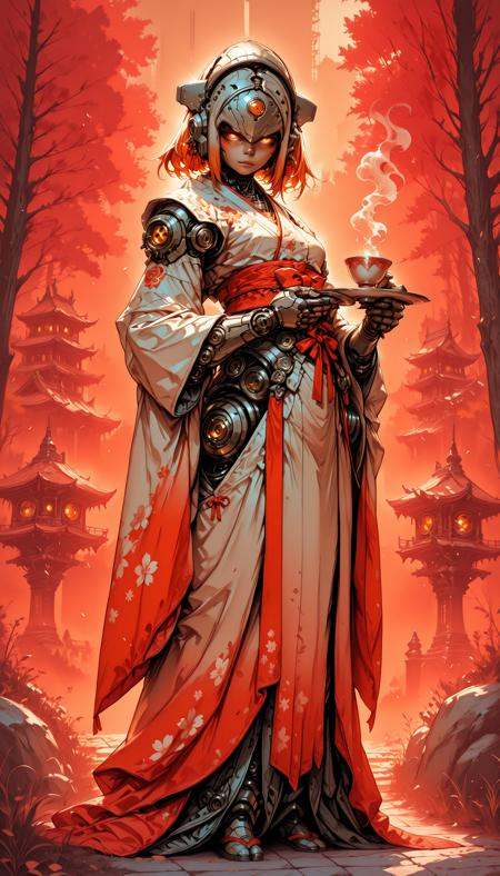 hkstyle,, An4chr0t3ch,, covered eyes, headgear,,  fantasy anime style, anime artwork, official art, highly detailed, vibrant colors, magical atmosphere, digital painting, ethereal glow, soft shadows, cinematic lighting masterpiece, best quality, high quality, ultra-detailed, realistic,  traditional media, western comics \(style\) ,limited palette, partially colored, vivid_color, high contrast, speed lines, sound effects, move_effects, action Create a detailed digital artwork of a humanoid robot with a futuristic design, set against a traditional Japanese backdrop. The robot's head is adorned with a sleek, metallic helmet featuring glowing orange eyes, and it holds a steaming cup of tea in its hands, suggesting a moment of relaxation or contemplation. The character is dressed in a traditional kimono with a vibrant red and white color scheme, adorned with delicate floral patterns. The setting is reminiscent of a serene, autumnal environment, with cherry blossom trees in full bloom, their leaves a brilliant orange-red, contrasting with the cool, misty atmosphere. The background reveals traditional Japanese architecture, including pagodas and torii gates, all bathed in a soft, ethereal light. The overall style of the image leans towards a blend of realism and fantasy, with a color palette dominated by warm tones of orange, red, and white, punctuated by the cool blues and grays of the robot's skin and the steampunk elements. The scene is captured from a frontview angle, focusing on the full body of the robot. 1girl, solo, looking_at_viewer, holding, outdoors, japanese_clothes, day, wide_sleeves, kimono, cup, orange_eyes, glowing, robot, holding_cup, steam, glowing_eyes, science_fiction, teacup, android, joints, mechanical_arms, tea, saucer, robot_joints, humanoid_robot, holding_saucer, hkstyle,, An4chr0t3ch,, covered eyes, headgear,,  fantasy anime style, anime artwork, official art, highly detailed, vibrant colors, magical atmosphere, digital painting, ethereal glow, soft shadows, cinematic lighting