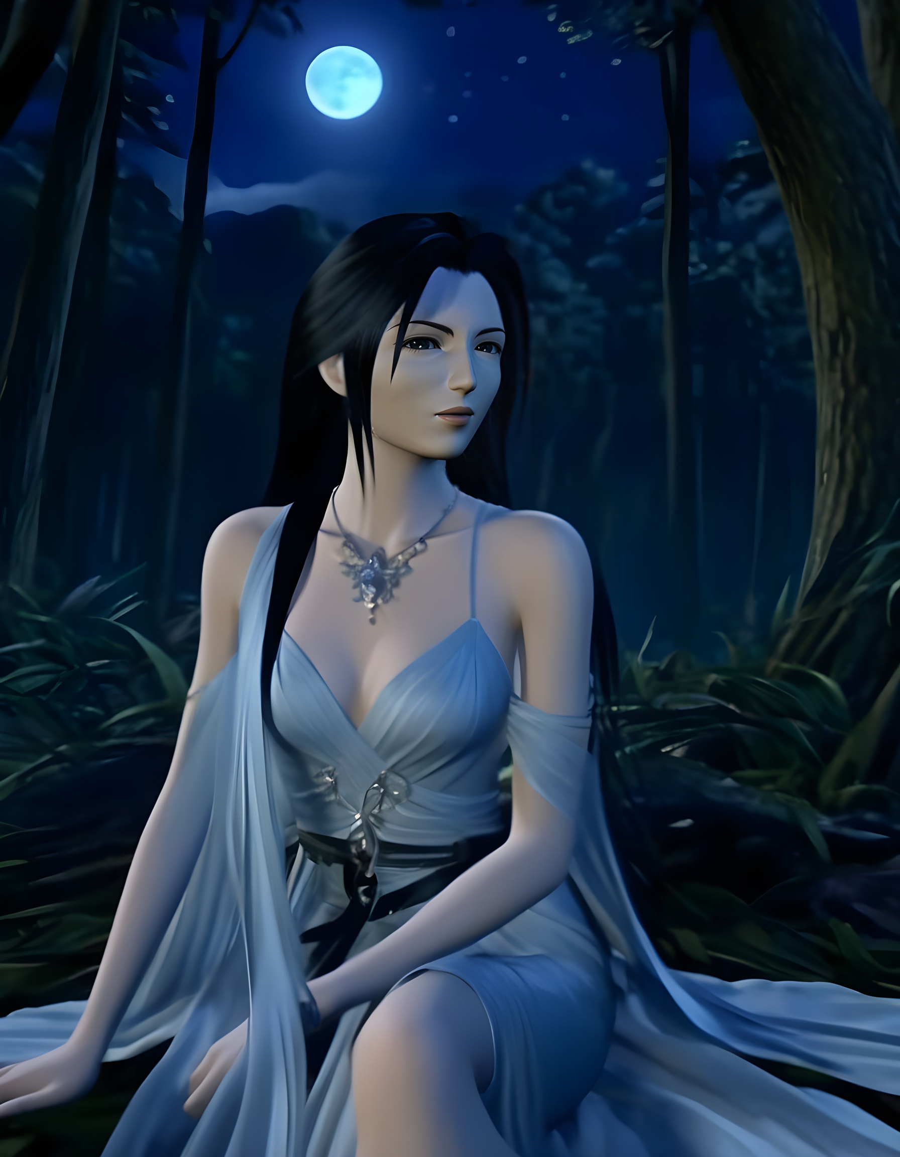 ff8_style,  In a captivating FF8-inspired scene,  a woman with raven-black hair cascading down her back on Tensor.Art
