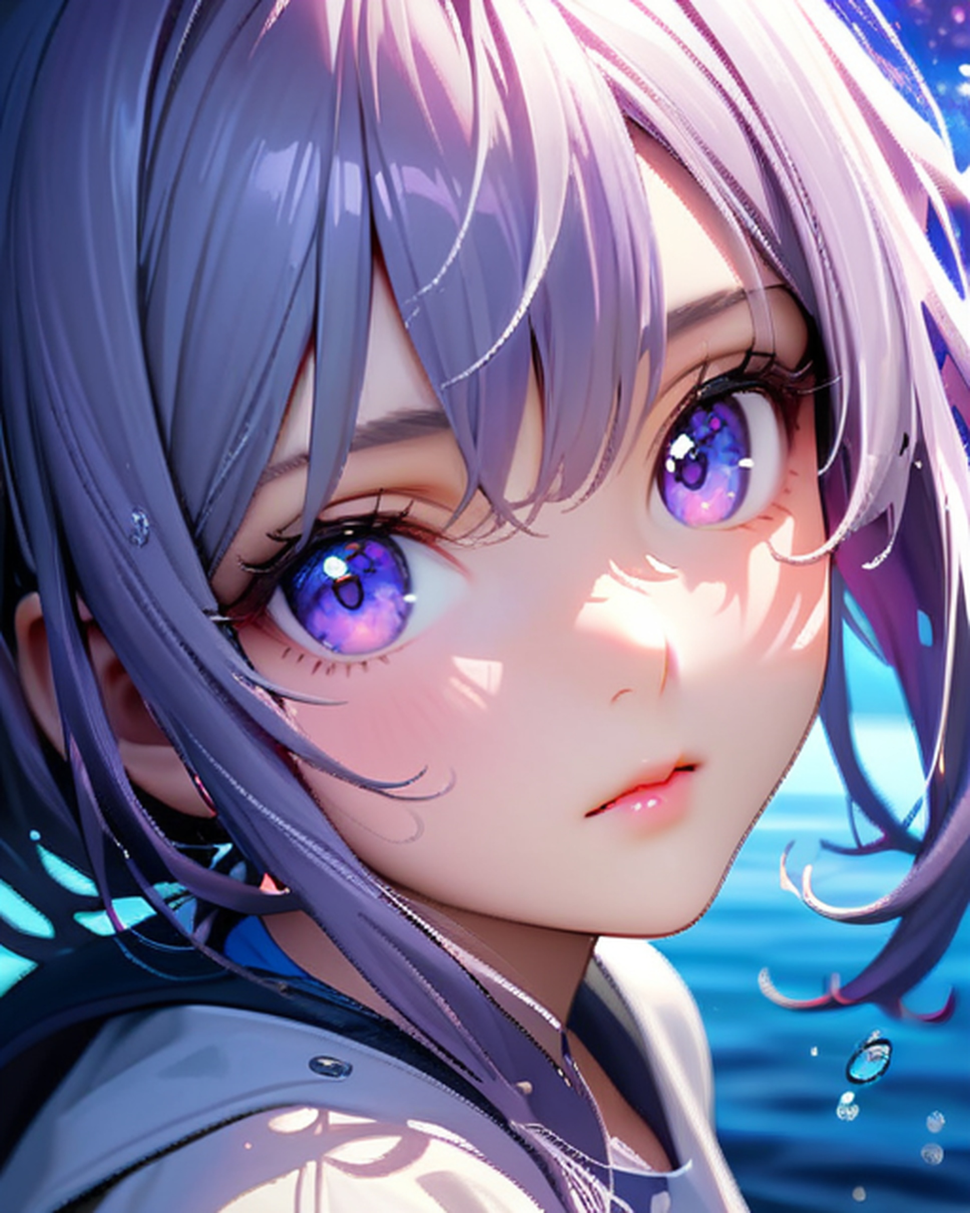 parameters: "O,(masterpiece:1,2),best quality,masterpiece,highres,original,extremely detailed wallpaper,perfect lighting,(extremely detailed CG:1.2),light_line,water,water drop,gorgeous,multiple_colors,sunlight,galaxy,realistic,1girl,upper body,blue eyes,purple eyes,multiple_colors_eyes,+ +,closed mouth,