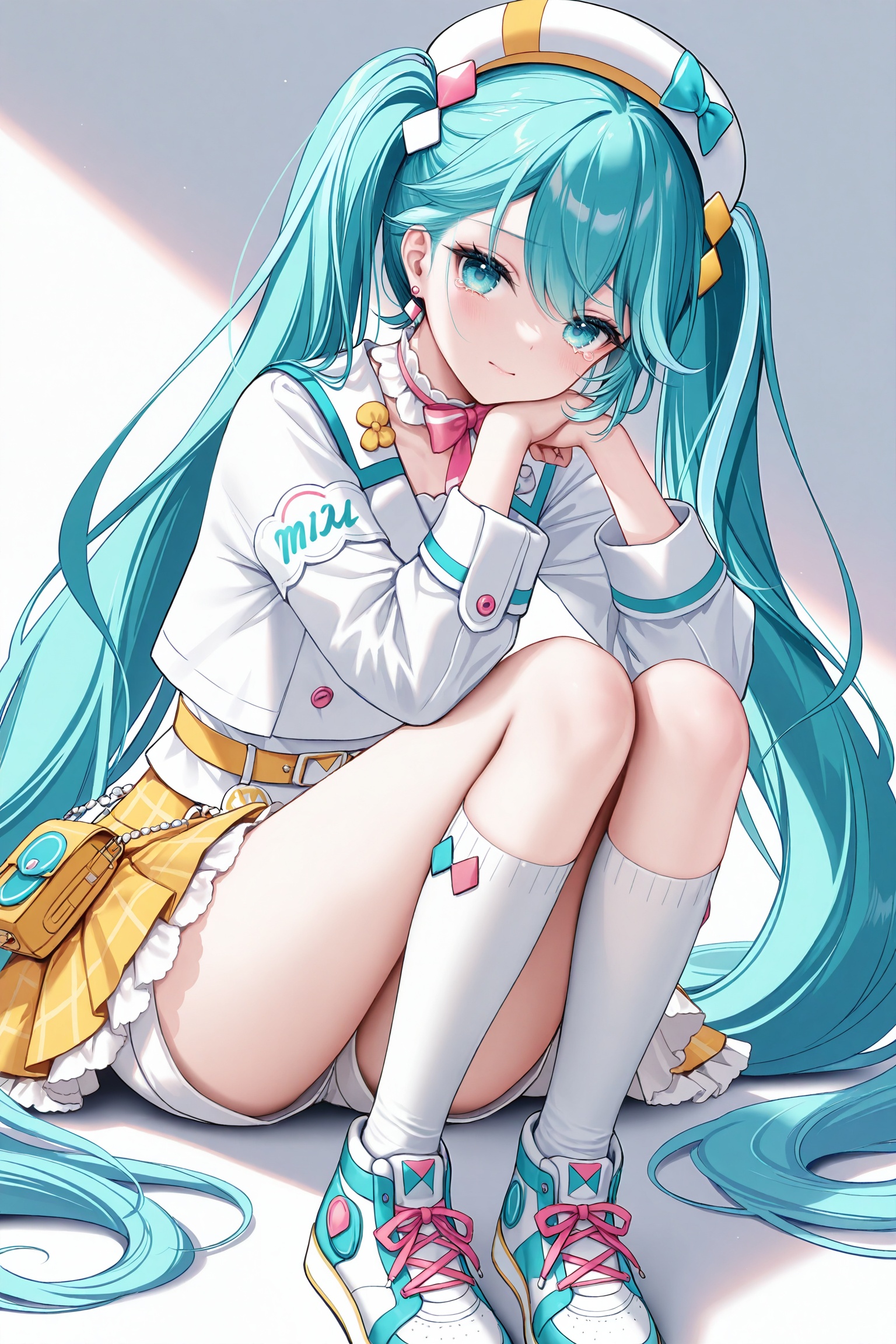 masterpiece,best quality,newest,absurdres,highres,soft shadows,photorealistic,(chen bin:0.5),(hiten \(hitenkei\):0.4),(rimuu:0.5),(mignon:0.5),(sheya:0.6),<lora:MMM2024XLNAI:1>,magical mirai miku \(2024\),shorts,sneakers,headwear,white shirt,yellow skirt,frilled skirt,white kneehighs,tears_in_eyes,