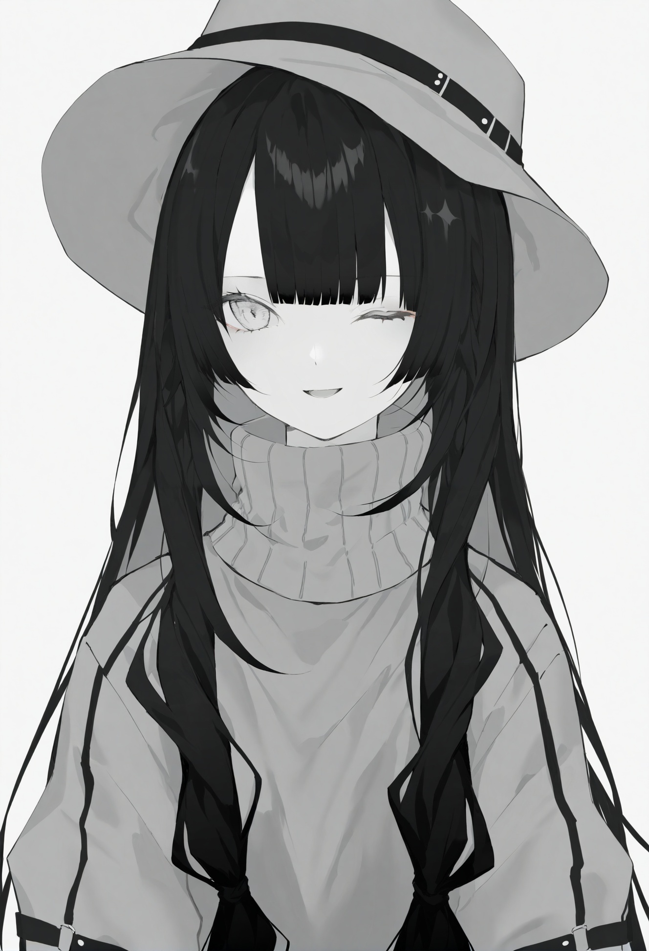 masterpiece, best quality,   hat, solo, long hair, simple background, white background, light smile, monochrome, wavy hair, closed mouth, messy hair, greyscale, turtleneck sweater, turtleneck, one eye closed, open mouth, smile, head tilt, no headwear, shirt, looking at viewer, blunt bangs, ;d, upper body, straight-on, hair over one eye, low-tied sidelocks, cropped torso, sweater, half-closed eyes, long sleeves, jacket, alternate costume <lora:kotrou020XLlokr8f-000180:0.95>