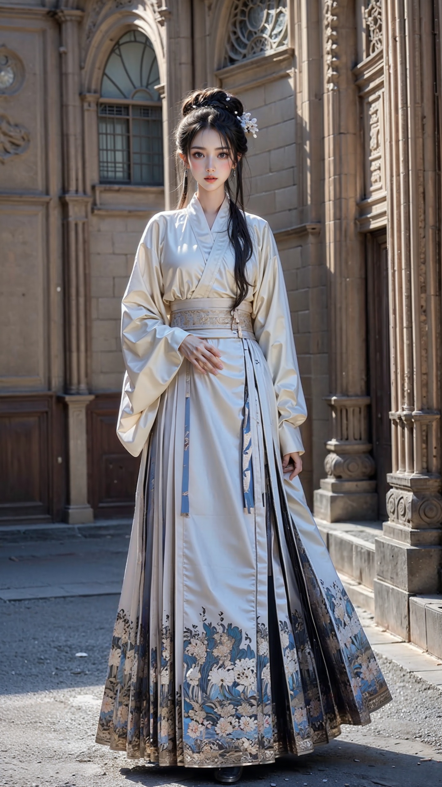 1girl,mamianqun,hanfu,best quality,32k uhd,hdr,dtm,cinematic lighting effects,wide shot,wide-angle lens,super vista,super wide angle,exquisite facial features,super delicate face,best fingers,<lora:mamianqunSSS_v12:0.6>,