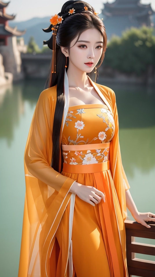 (Best quality, masterpiece, realistic, 4k),A girl,Light Chinese orange style dress,Hanfu,standing,outdoors,lake,,<lora:6c07c8e4207af3fe355d79d061576f8de75cbdbd7086b75cfd27e11794a543db:0.7>