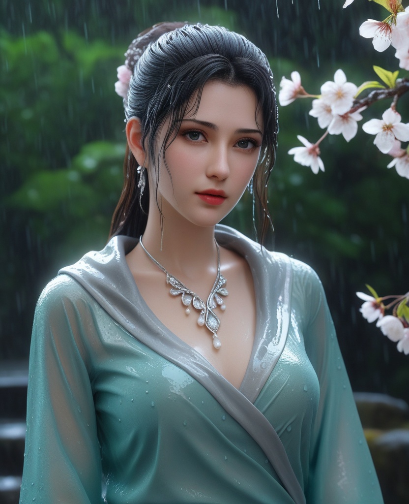 <lora:577-DA-XL-斗破苍穹-云韵-黑服:0.8>(,1girl, ,best quality, ),looking at viewer, ,ultra detailed 8k cg, ultra detailed background,  ultra realistic 8k cg,          cinematic lighting, cinematic bloom, (( , )),,  , unreal, science fiction,  luxury, jewelry, diamond, pearl, gem, sapphire, ruby, emerald, intricate detail, delicate pattern, charming, alluring, seductive, erotic, enchanting, hair ornament, necklace, earrings, bracelet, armlet,halo,masterpiece, (( , )),, realistic,science fiction,mole, ,cherry blossoms,(((, , ultra high res, (photorealistic:1.4), raw photo, 1girl, wet clothes, rain, sweat, ,wet, )))(( , ))   (cleavage), (),
