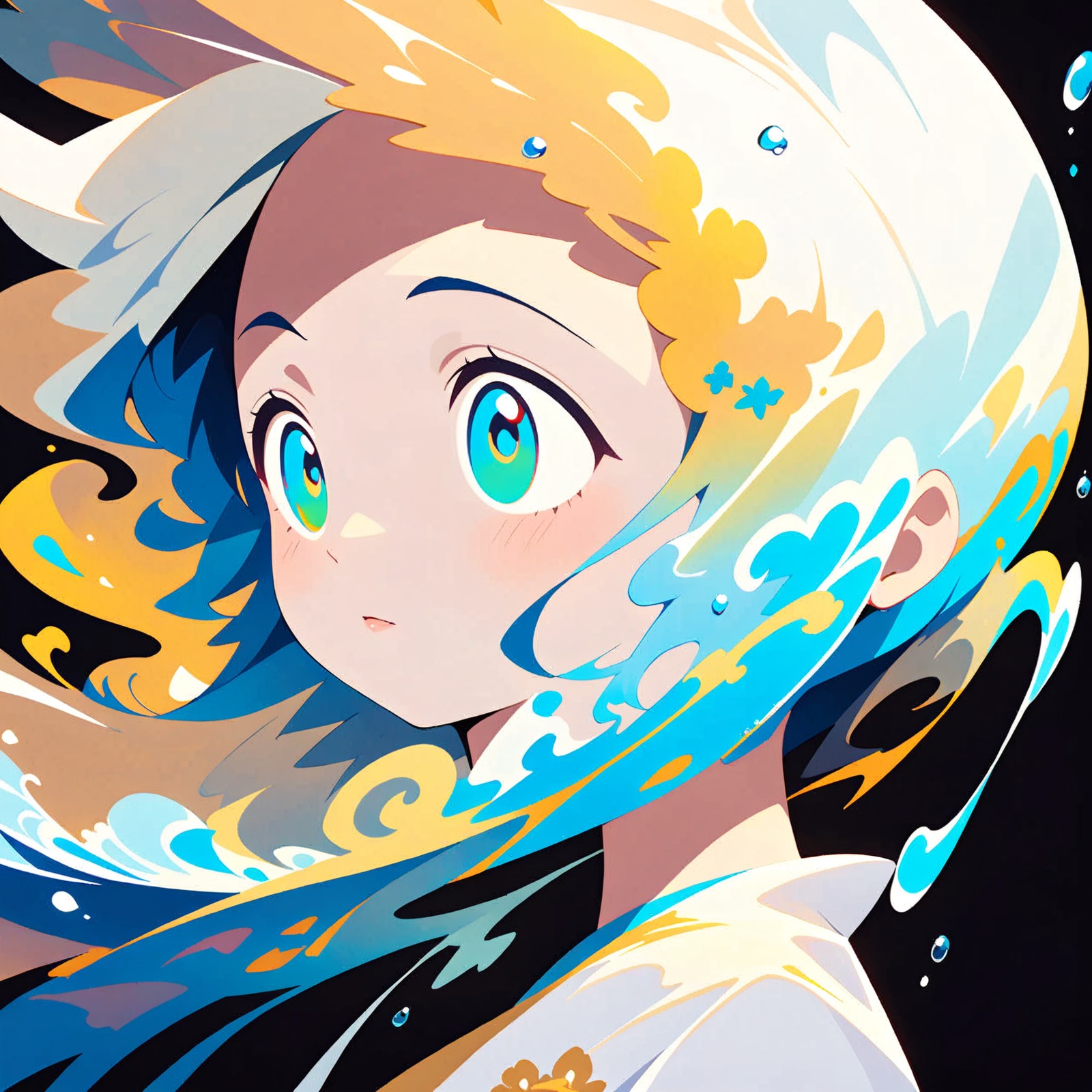 girl swims underwater,hyper detailed render style,glow,yellow,blue,brush,surreal oil painting,shiny eyes,head closeup,exaggerated perspective,tyndall effect,water drops,mother of pearl iridescence,holographic white,black background,