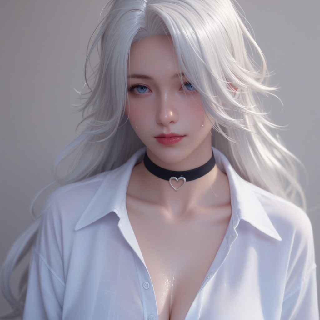 score_9,score_8_up,score_7_up,depth of field,<lora:hyy-td-v5:0.85>,1girl,shiny_skin,fair_skin,long hair,white hair,messy hair,lightblue eyes,(red lips:0.8),dress_shirt,choker,(nose blush:0.8),sweat,expectant look,