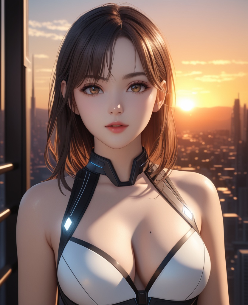 (,1girl, ,best quality, ),looking at viewer,masterpiece, (( , )),, realistic,science fiction,mole, ultra realistic 8k cg, , sun,sunset, (cleavage), (),