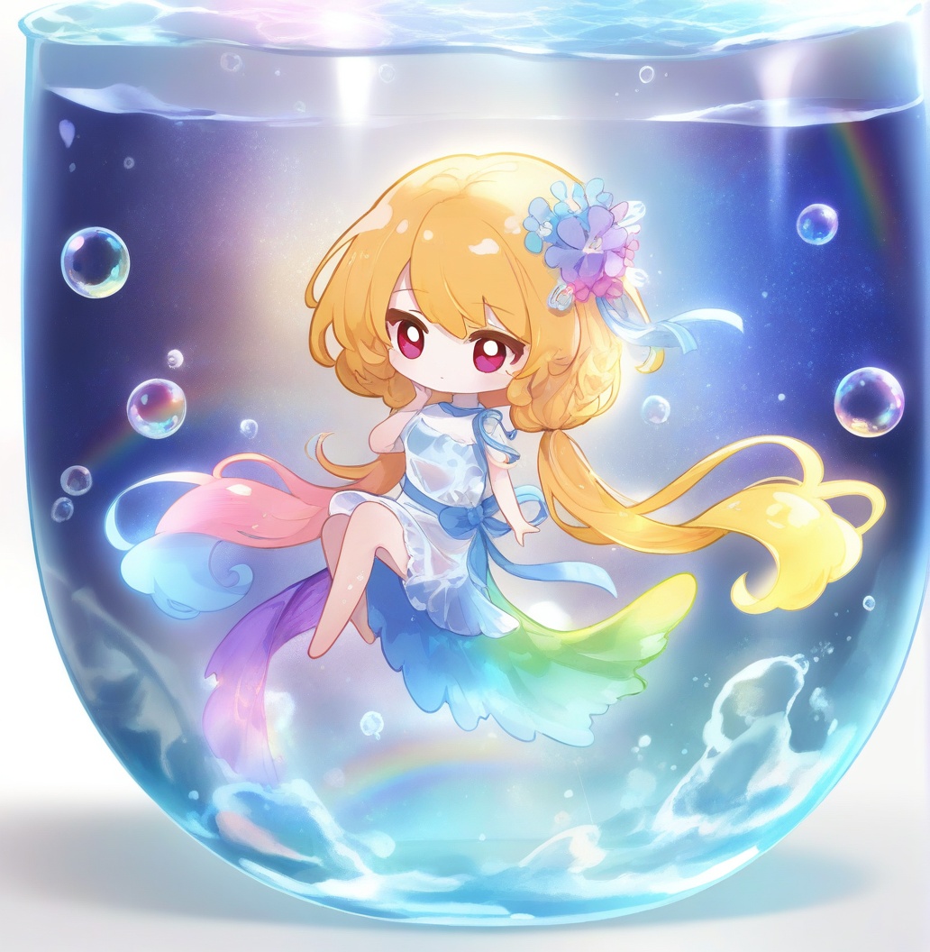 chibi,1girl,beautiful,white background,water drops,wet clothes,beautiful detailed water,floating,((colorful bubble)),(floating),detailed light,floating and rainbow long hair,Iridescence and rainbow, beautiful detailed starry sky,