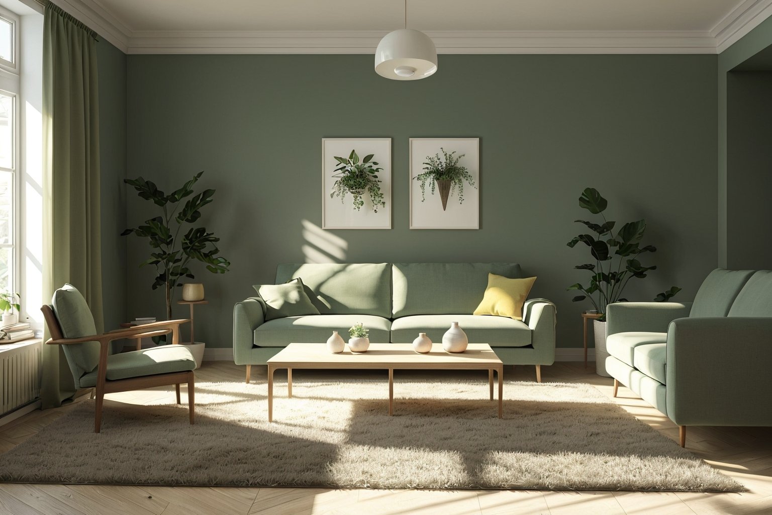 Living room, warmth, light and shadow effects, daylight, green plants, sofa, coffee table, HD,