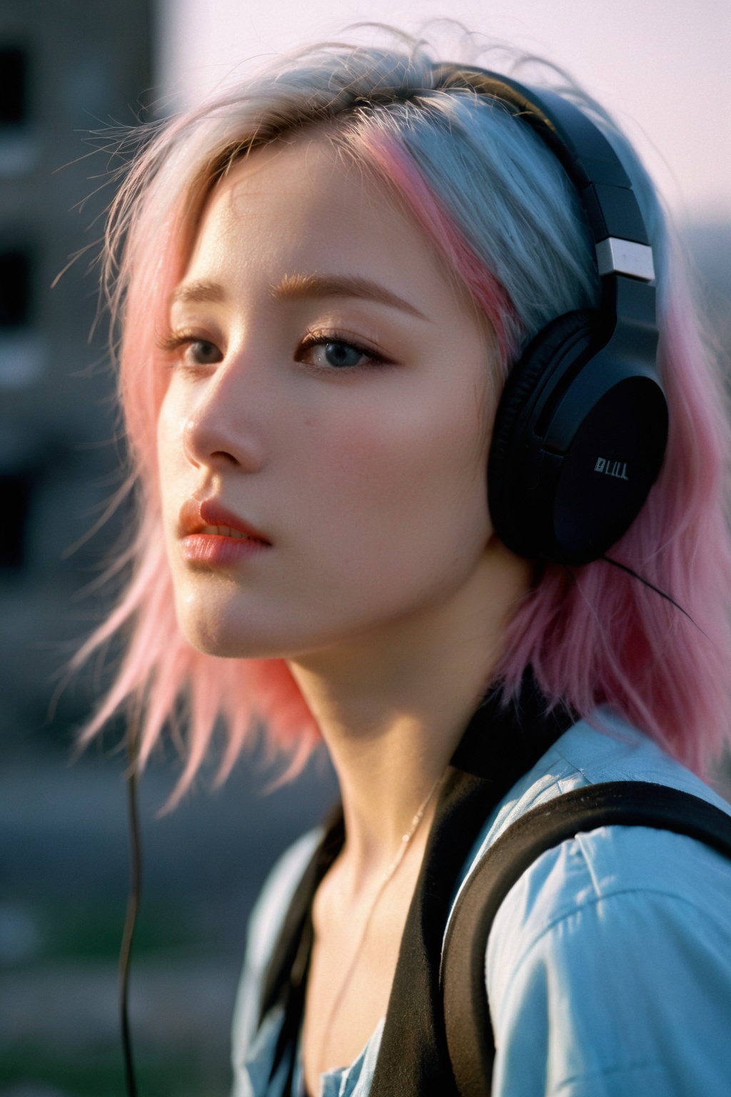 depressed,portrait of 1girl by Bill Henson,depressed,ruins,shadows,dramatic lighting,sunset,contemporary,dark,expressionism,dystopia,industrial,(sliver hair:1.1),(light blue hair:1.1),(pink hair:1.2),(close_up:1.4),headphone,(ruined city:1.4),