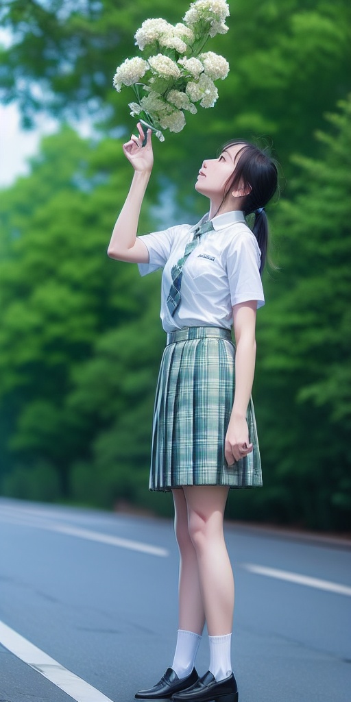 1girl, skirt, solo, black hair, school uniform, shirt, ponytail, looking up, long hair, plaid, plaid skirt, necktie, socks, outdoors, shoes, white shirt, blurry background, blurry, short sleeves, standing, collared shirt