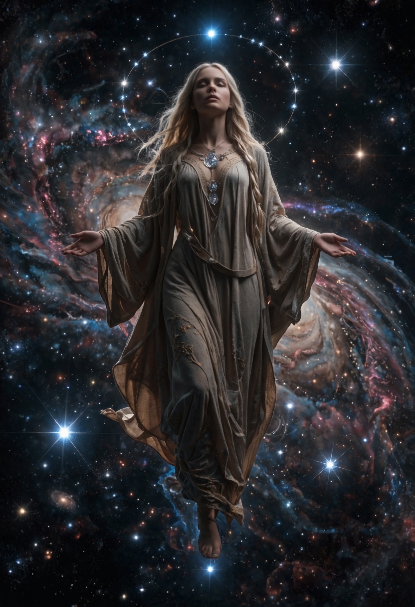masterpiece,  celestial oracle floating among galaxies and nebulae,  cosmic robes on Tensor.Art