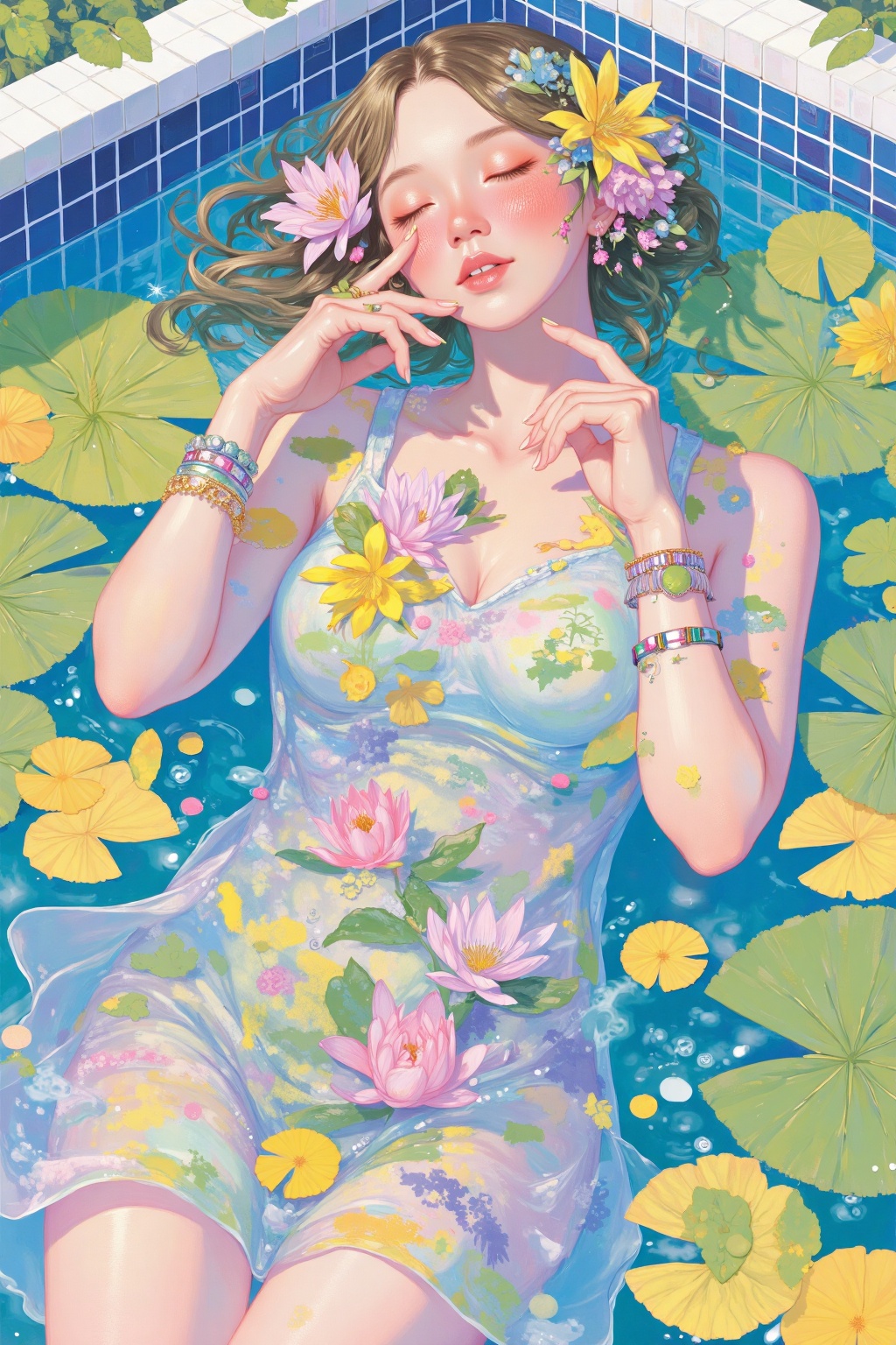 beijihui,Captured from an eye-level perspective,a medium-sized painting of a woman in a pool of water,her eyes closed and her head tilted slightly to the side. She is adorned with a ring on her left hand,a bracelet on her right hand,and a bracelet in her left wrist. Her left hand is draped over her right shoulder,adding a touch of color to the scene. The woman's body is adorned in a multi-colored dress,adorned with yellow,pink,and purple flowers. The backdrop is a combination of blue,green,and yellow lily pads,creating a vibrant contrast to the painting. The wall of the pool is made up of blue and white tiles,adding depth to the composition.,