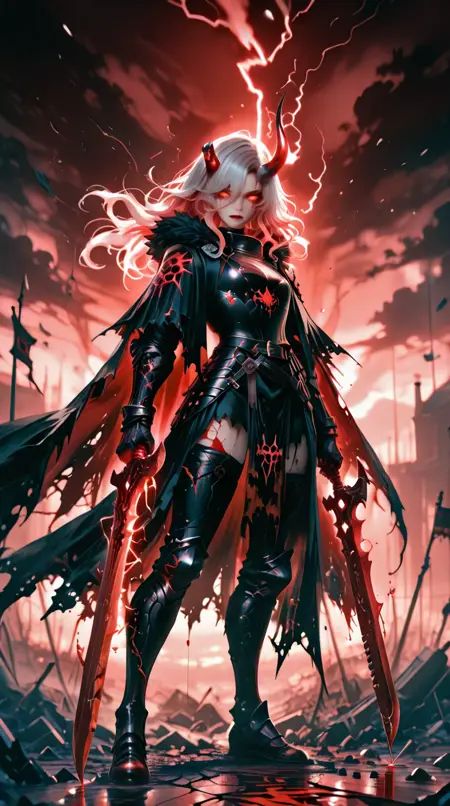 1girl, silver hair soaked with streaks of crimson, broken horn, tattered black armor dripping with fresh blood, glowing scarlet eyes burning with rage, sharp claws extended. Her weapon — a massive blood-drenched blade — glows faintly with cursed energy.Dynamic pose: standing on a pile of shattered weapons, cloak torn and fluttering.Background: crimson moon eclipsed by drifting clouds, ruined battlefield littered with broken banners, rivers of glowing red liquid carving through cracked stone.VFX: blood mist in the air, red lightning splitting the sky, sigils etched in blood glowing on the ground, chromatic aberration bending reality at the edges, cinematic haze.Style: masterpiece, source_anime, god-tier anime contrast, sharp eyes, dramatic bloody atmosphere.