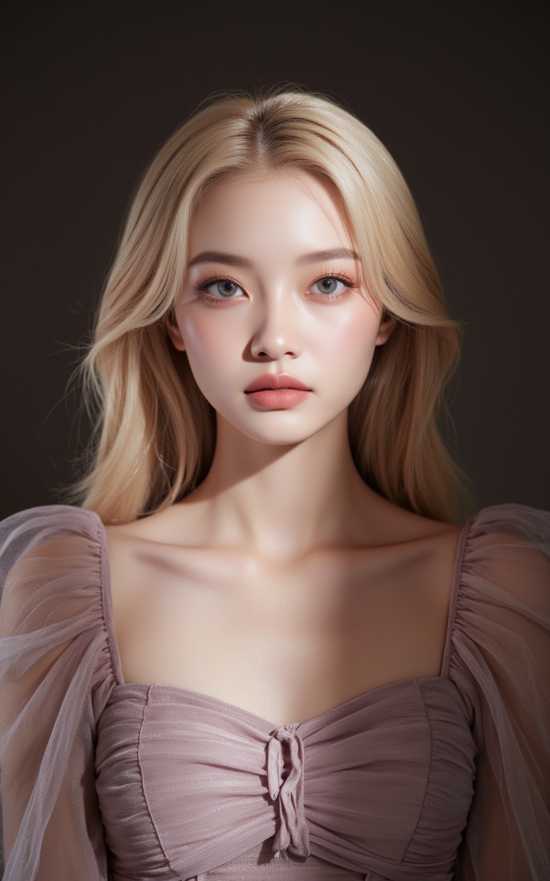 <lora:时尚滤镜10:0.2>,1girl,solo,blonde hair,long hair,grey eyes,upper_body,dress,realistic,absurdres,close-up,front view,<lora:皮肤质感10:0.8>,