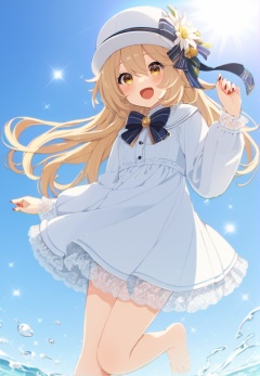 (best quality), ((masterpiece)), (highres), illustration, original, extremely detailed,  <lora:好き物语:0.7>1girl, solo, long hair, hat, open mouth, smile, white headwear, long sleeves, flower, chromatic aberration, looking at viewer, :d, bow, bangs, hair between eyes, blush, blonde hair, dress, barefoot, nail polish, sparkle, brown eyes, yellow eyes, sun, water