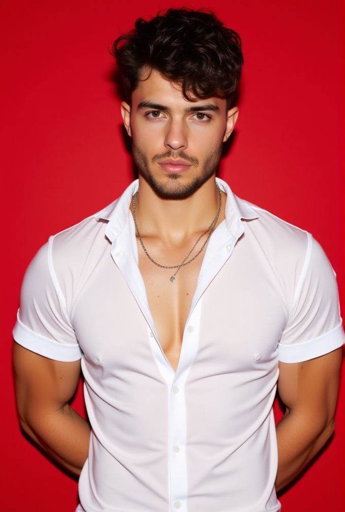 aaron owen ,  The image is a high-resolution photograph,  standing against a solid red background. wavy hair styled to the...