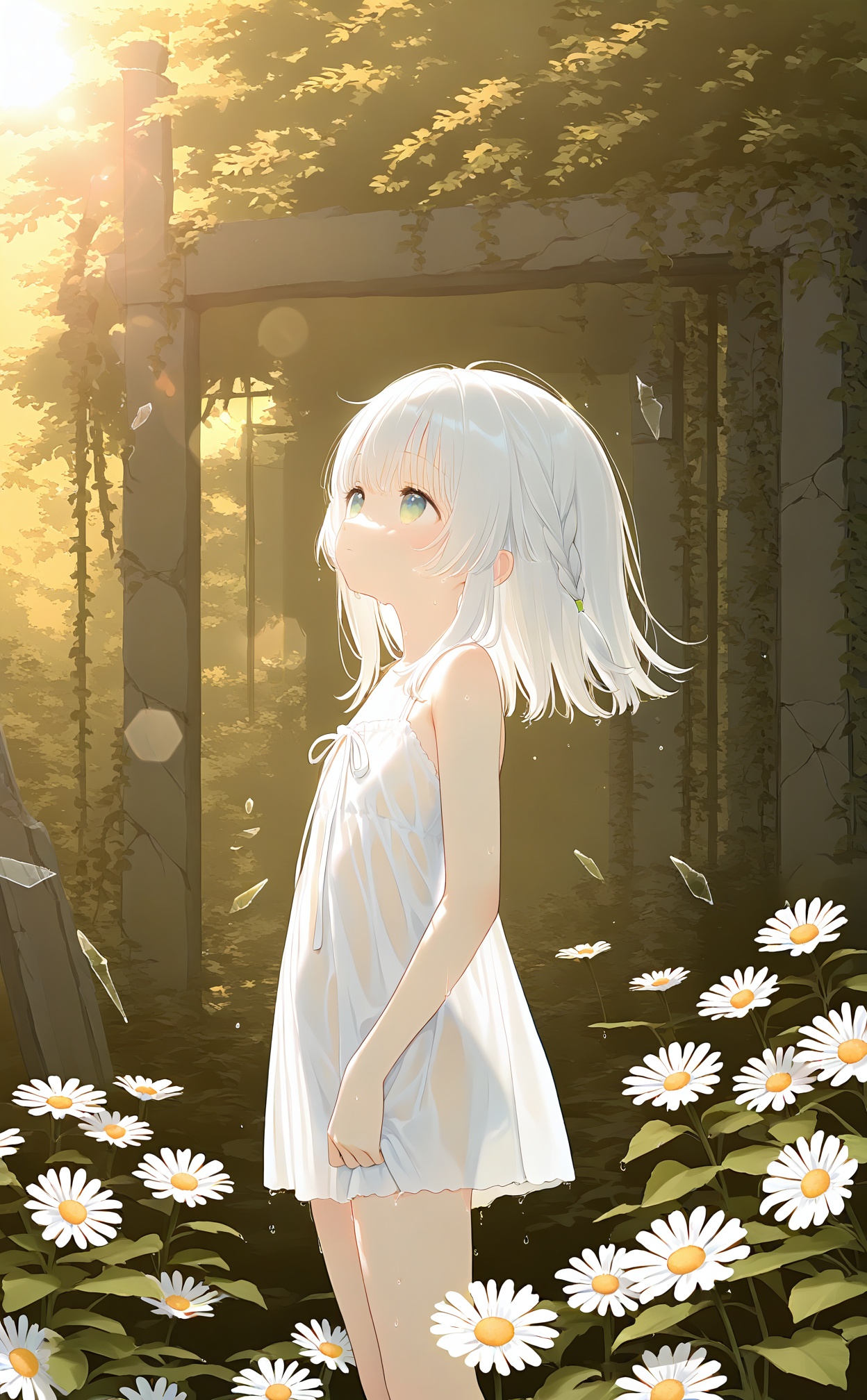 masterpiece,very aware,highres,absurdres,newest,best quality,high quality,loli,petite,chromatic_aberration,//,(loli),yellow theme,the setting sun,(((Chamomile))),Chamomile,cornflower,vines,forest,ruins,lens flare,hdr,Tyndall effect,damp,wet,1girl,bare shoulders,broken glass,broken wall,white hair,white dress,closed mouth,constel lation,flat color,braid,blinking,white robe,float,closed mouth,constel lation,flat color,looking up,standing,medium hair,standing,solo,//,year_2023,year_2024,<lora:loli Style——【noob】hans:1>,