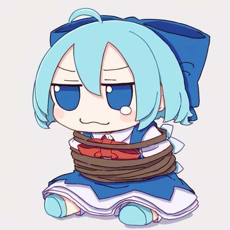 <lora:QQ-trtinadaa_noob11-xl-000020:1>,kame_(kamepan44231),1girl,cirno,fumo \(doll\),solo,wings,blue hair,blue eyes,ice wings,dress,short hair,white background,blue dress,blue bow,simple background,fairy,blue footwear,bow,hair bow,white shirt,ice,shirt,closed mouth,collared shirt,short sleeves,blush stickers,ahoge,full body,tears,rope,shoes,detached wings,tied up \(nonsexual\),sitting,bound,pinafore dress,hair between eyes,sleeveless,ribbon,masterpiece,best quality,