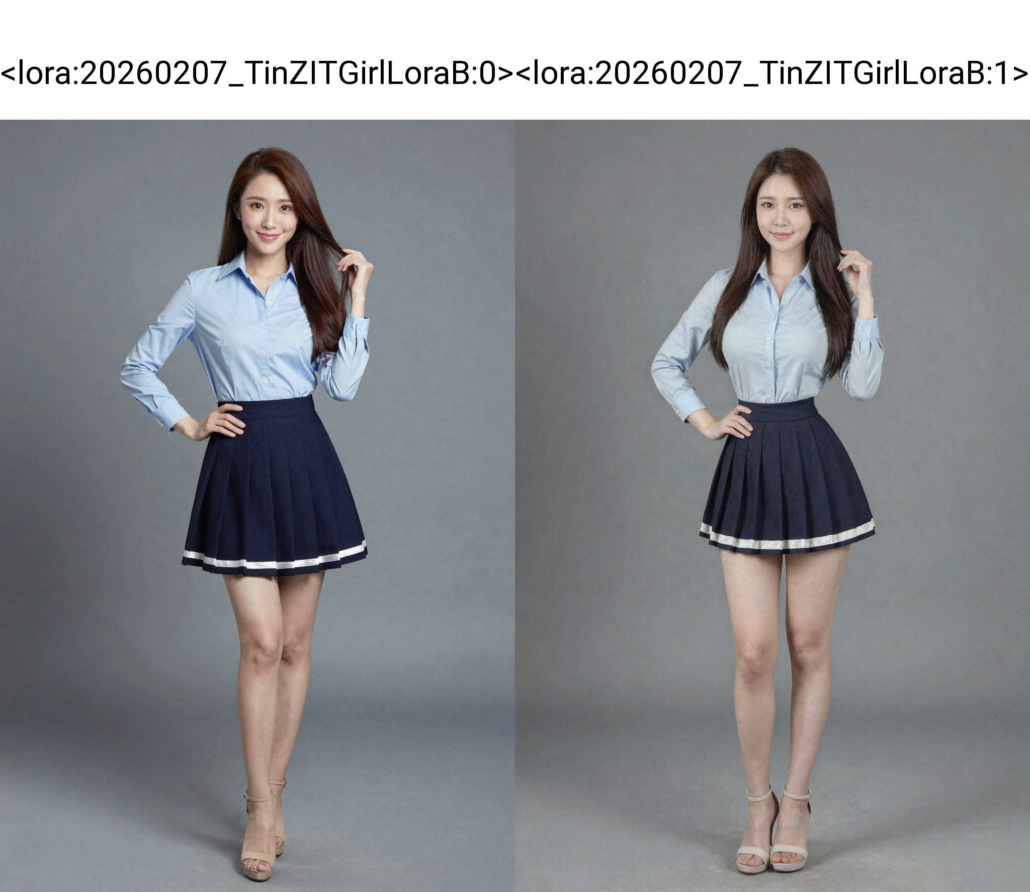 <lora:20260207_TinZITGirlLoraB:0>, A photograph of an Asian woman with long, straight, brown hair, standing against a plain gray background. She is wearing a light blue, long-sleeve button-up blouse with a fitted waist and a dark blue pleated skirt with white trim, accentuating her slim figure. Her skin tone is fair, and she is wearing beige high-heeled sandals. She has a confident smile, with one hand on her hip and the other touching her hair. The image is well-lit, emphasizing her youthful and professional appearance, long legs,