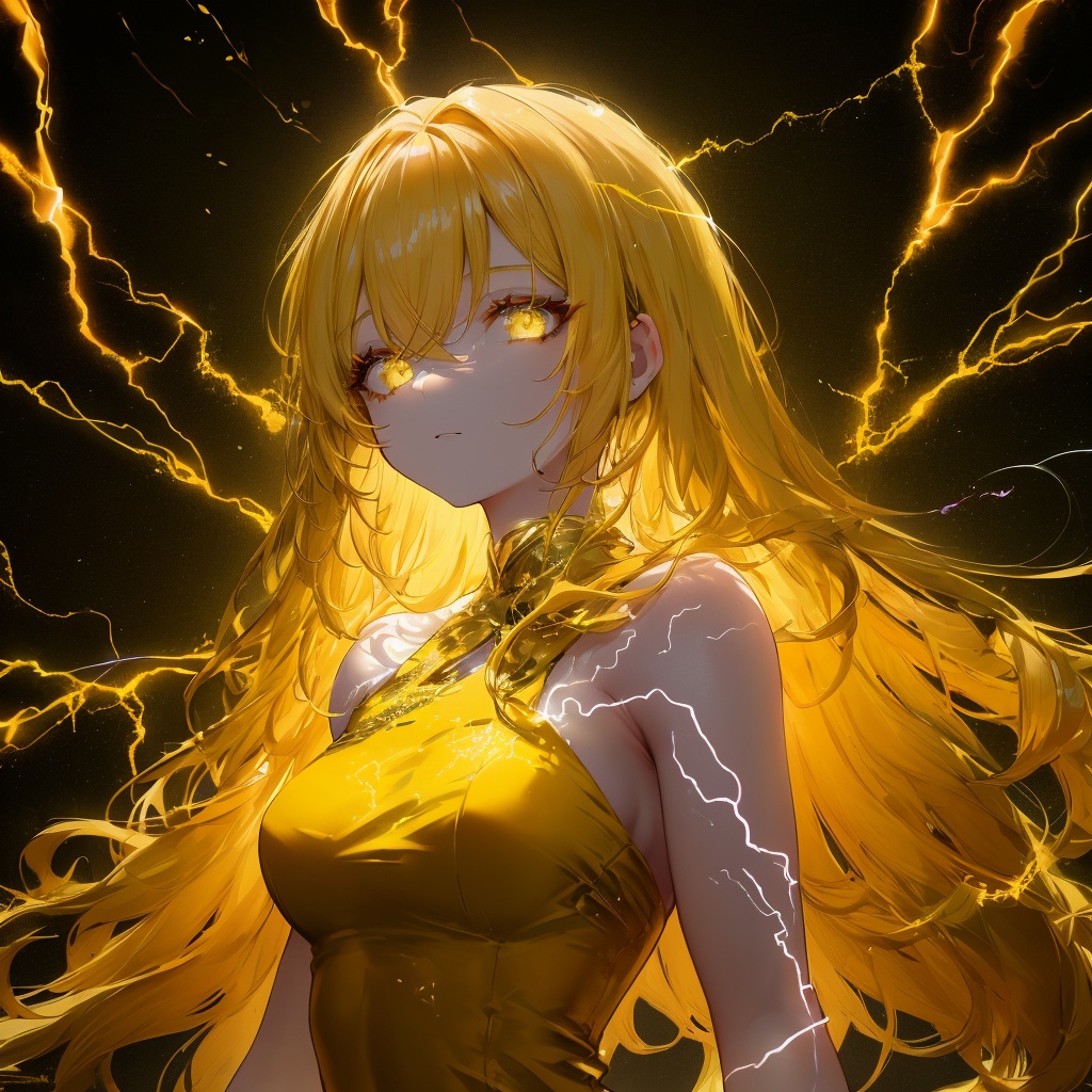 masterpiece,best quality, ultra-detailed, 1girl, beautiful detailed eyes, beautiful detailed glow, detailed lightning, beautiful detailed lightning,  long hair, lightning,glowing,electricity,gradient,light,(((yellow dress))),yellow Theme,Lightning hair,fully body,makeup <lora:ldv2-000008:0.5>，Lightning surrounds the body