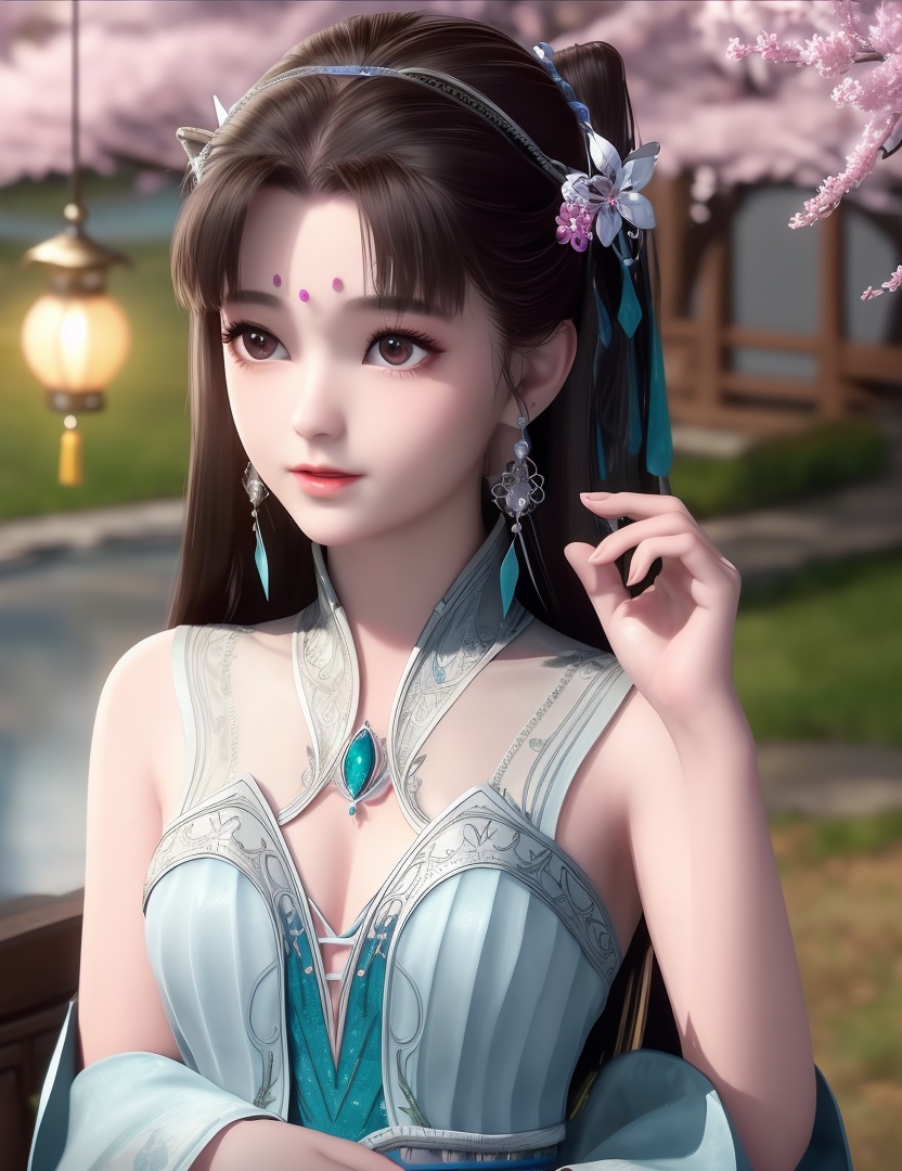 ultra realistic 8k cg, picture-perfect face, flawless, clean, masterpiece, professional artwork, famous artwork, cinematic lighting, cinematic bloom, perfect face, beautiful face, fantasy, dreamlike, unreal, science fiction,  beautiful clothes, lace, lace trim, lace-trimmed legwear,  (rich:1.4), prestige, luxury, jewelry, diamond, gold, pearl, gem, sapphire, ruby, emerald, intricate detail, delicate pattern, charming, alluring, seductive, erotic, enchanting, hair ornament, necklace, earrings, bracelet, armlet,halo((,1girl, ,))(((,teenage,full moon,lantern, cherry blossoms, 1girl, tree, spring_\(season\), solo, black_hair,chinese clothes,looking at viewer, upper body, ))) <lora:DA_LanLingEr:0.6>