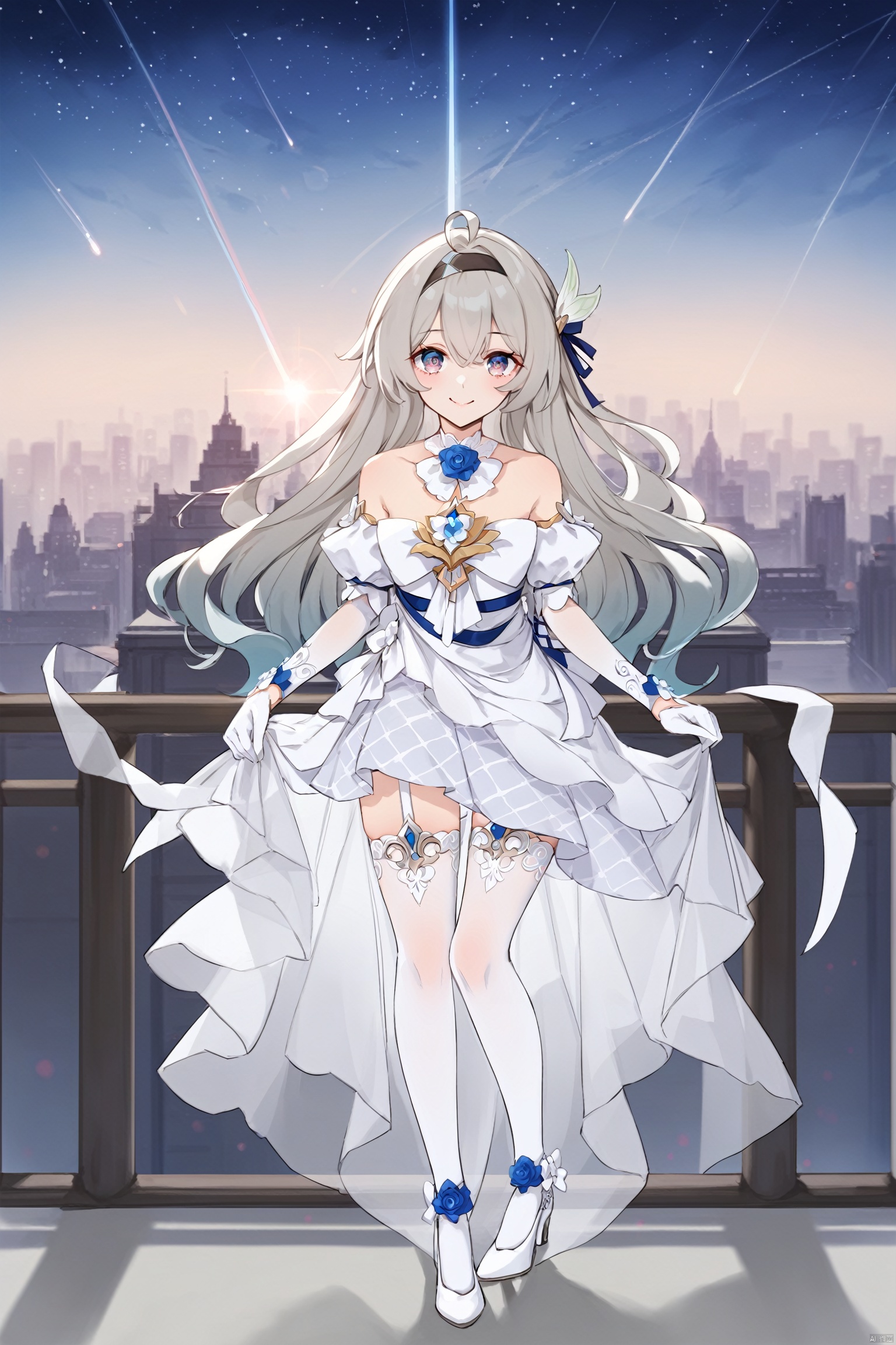 score_9,score_8_up,score_7_up,best quality,masterpiece,source_anime,\\\\\\\\\\\\nai3, 1girl, solo, ahoge, virtual youtuber, , flower, looking at viewer, smile,bangs,between legs, :d, fang, \\\\\\\\\\\\\\The girl on the top of the building, the starry sky, the meteor crossed, the city skyline behind her was extremely beautiful, the breeze was blowing, the girl's heart was confused, her face was red, and she stroked her hair\\\\\\\\\\\\\Top view, panorama, fisheye lens,\\\\\\\\\\\\\\wedding dress, liuying, 1girl, dress, white thighhighs, bangs, long hair, white gloves, white dress, grey hair, high heels<lora:EMS-313207-EMS:0.800000>