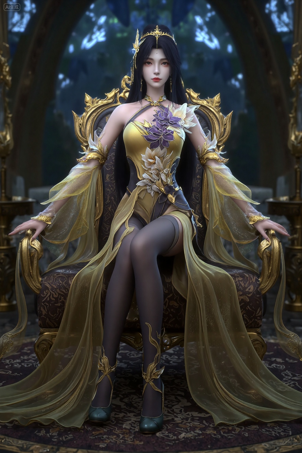 This is a highly detailed CGI rendering of a beautiful,fair-skinned woman with long,dark hair adorned with a golden crown and matching jewelry. She wears an elaborate,golden and purple floral dress,holding a similar flower. The background is a mystical forest with glowing blue light,Black stockings boots wrapped around her plump thighs,revealing a perfect and sexy curve.Wearing green high heels and with golden clothing adorning her ankles,a full-body picture,, She sits on a luxurious golden throne,her legs crossed at the ankles and one leg hanging down. Her left arm rests on the armrest,while her right hand gently holds her chin. Her posture is elegant and poised,exuding confidence and grace. The scene is illuminated by dramatic lighting that highlights the gold accents of her attire and the intricate details of the throne. Soft shadows enhance the textures of the fabric and the surrounding ornate room,creating a luxurious and mystical atmosphere.,masterpiece,best quality,astonishing quality,ultimate aesthetics,absurd,best quality,ultimate aesthetics,masterpiece,emotional masterpiece,extraordinary above all,mastery of details,, Negative prompt: ng_deepnegative_v1_75t,(badhandv4:1.2),EasyNegative,(worst quality:2),,nsfw, Steps: 30, Sampler: DPM++ 2M, CFG scale: 3.5, Seed: 854563992, Size: 1024x1536, Model hash: 062dad72b2, Model: 麦橘超然majicFlus_v1.safetensors, Denoising strength: 0, RNG: CPU, Lora 1: 20250820-1755705975731-0010, Lora Hash 1: cf2836352b, Lora Weight 1: 1.0, vae_name: automatic