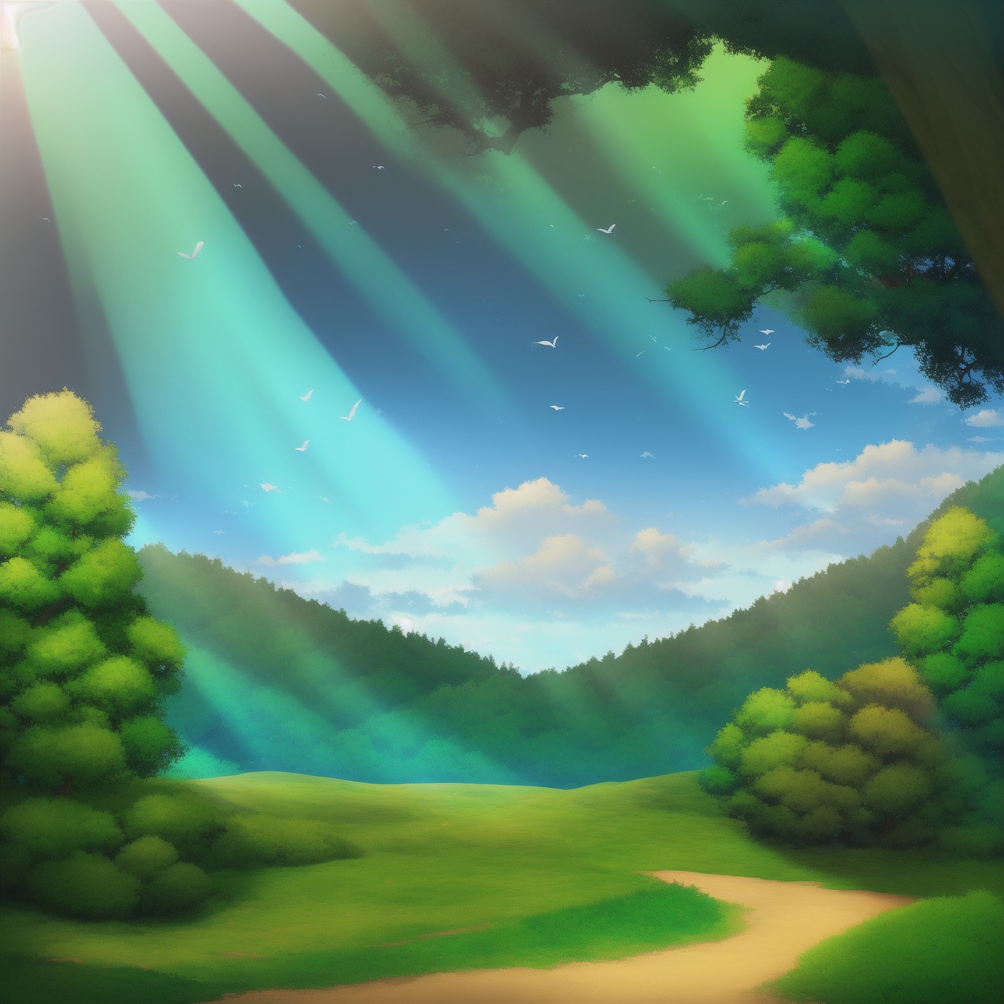 tree, no humans, scenery, cloud, sunlight, nature, bird, light rays, sky, mountain, plant, outdoors, landscape, sunbeam, forest