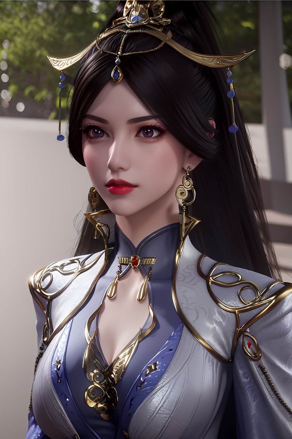 3D,masterpiece,(best quality),(makeup),official art, extremely detailed cg 8k wallpaper,((crystalstexture skin)), (extremely delicate and beautiful),(highly detailed),(1girl), (solo), (jewelry), (earrings),(black_hair),(long_hair),(hair_ornament),(handwear),(breasts),(collar),(tassel),(tiara),(crown),,(portrait),(multicolored_clothes),(multicolored_dress),(cleavage),(chinese_clothes),(adapted_costume),(sunshine, outdoor),((looking_at_viewer)),((Facing the camera)),, <lora:hipoly3DModelLora_v10:0.3>