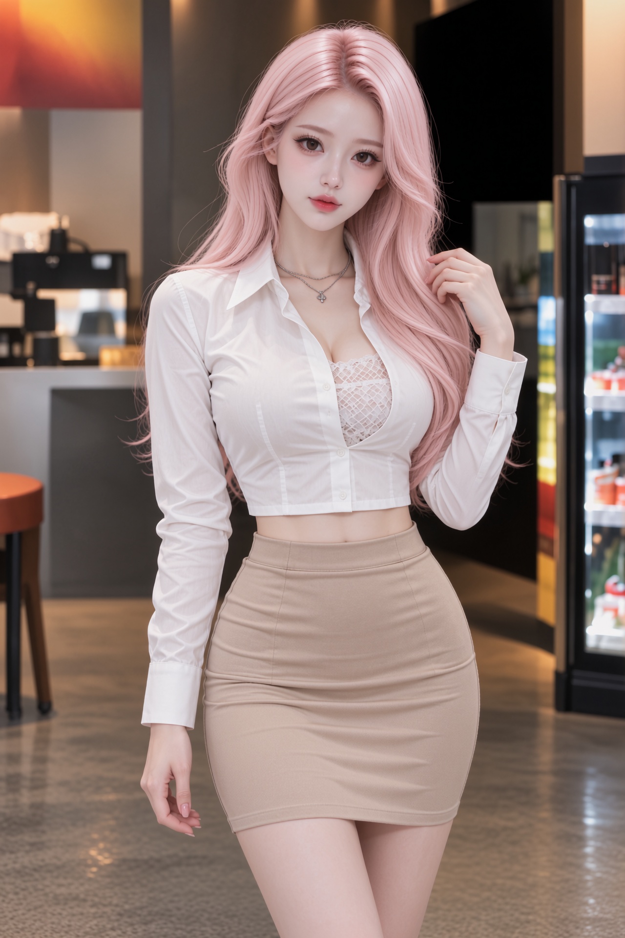 A high-angle,  medium shot captures a young pretty pink hair Ziny,  extremely detailed realistic Korean young woman standi...