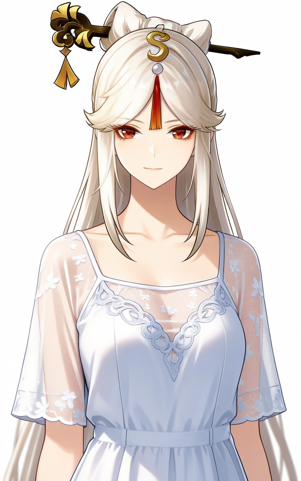 depth of field,masterpiece,best quality,very aesthetic,alternate costume,alternate costume,2024,2023,perfect composition,ultra-detailed,extreme aesthetic,masterpiece,best quality,good quality,newest,year 2024,year 2023,very aesthetic,absurdres,looking_at_viewer,colorful,white_background,simple background,upper_body,see-through,dress,<lora:凝光·衣服百搭款ILL:0.8>,ningguang \(genshin impact\),white hair,long hair,hair_stick,parted bangs,red eyes,hair ornament,hairpin,