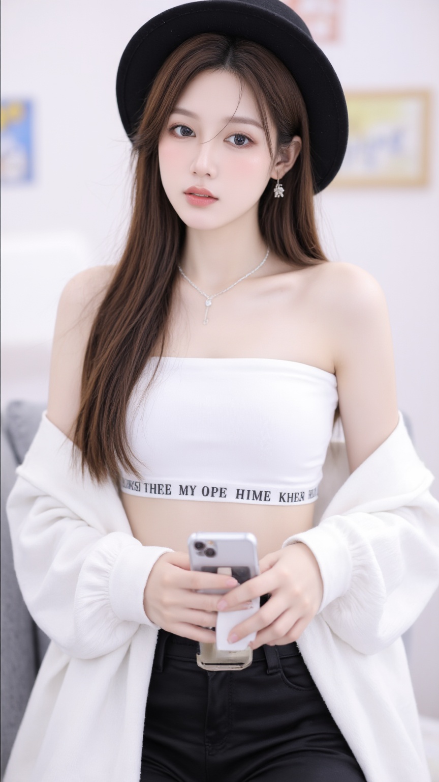 A young girl appears solo in the frame,adorned with jewelry including a necklace and earrings. She is wearing a white bra,black pantyhose,and is standing,not sitting. Her long hair cascades down her back,and she holds a cellphone in her hand,presenting a realistic image. She is dressed in an open shirt with off-the-shoulder long sleeves,revealing a hint of cleavage. The girl has brown hair,blue eyes,and is wearing black headwear. She gazes directly at the viewer with her lips closed,exuding an elegant and enigmatic aura.luo,luo,.,(The letters "HSY" are printed on the clothes:1.6, presented in a subtle manner:1.6, not too eye-catching, just clear enough to be identified. The color of the letters matches the overall picture.),