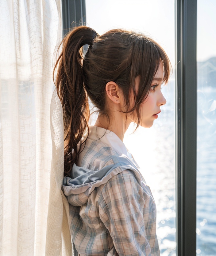 ytmgg,1girl,solo,brown hair,ponytail,plaid,shirt,profile,curtains,brown eyes,long sleeves,short hair,from side,white shirt,upper body,lips,<lora:ytmgg_20231209210527:0.8>,