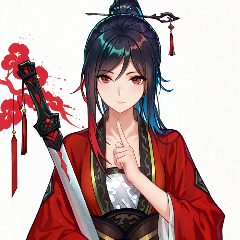 masterpiece, best quality, ,(white background:1.2),simple background,looking at viewer,  xiaoyun, long hair, ponytail, sword, black hair, red eyes, multicolored hair, red hair, blue hair,hanfu,<lora:萧云-ILL:0.8>