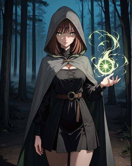 masterpiece, best quality, very aesthetic, newest, absurdres, 1girl, brown hair, magic, hood, gray cape, black dress, green magic, shadow, dark, night, outdoors, forest, spell, fog, cowboy shot, looking at viewer,