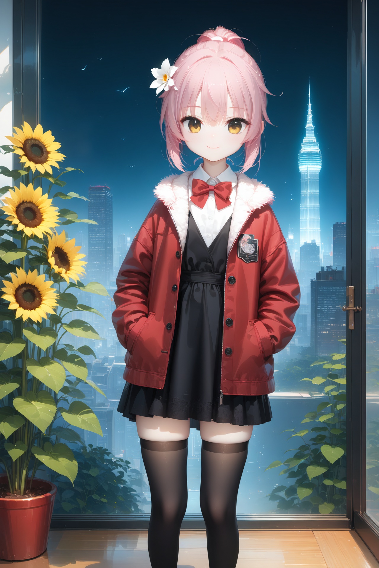 (masterpiece),(best quality),illustration,ultra detailed,hdr,Depth of field,(colorful),tianliang duohe fangdongye,chen bin,omone,((masterpiece, best quality)),beautifuldetailedlighting,(best quality),((masterpiece)),(highres),standing,(full body),(black thighhighs),original,extremely detailed wallpaper,(an extremely delicate and beautiful),(loli:1.2),(petite:1.2),Pink hair,Yellow eyes,(red Jacket),high ponytail,white collared shirt,hair flower,fipped hair,floating hair,Frown,hands in pockets,black dress,red bowtie,(solo),sky,skyline,skyscraper,smile,solo,sunflower,tower,upper_body,white flower,solo,