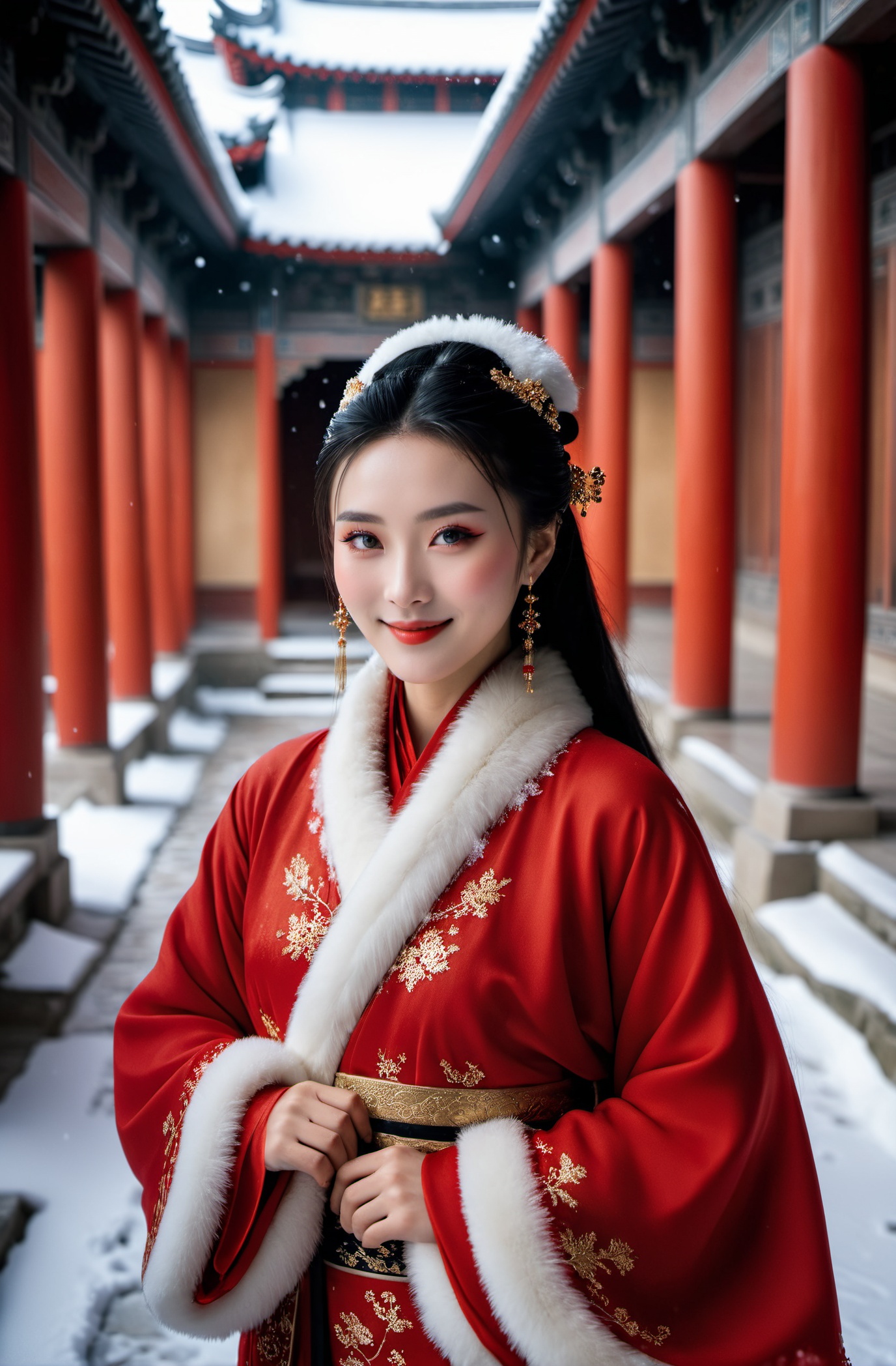 cinematic photo A Chinese (makeup) girl wearing a gorgeous red Hanfu fur coat walks in an ancient palace under heavy snow...