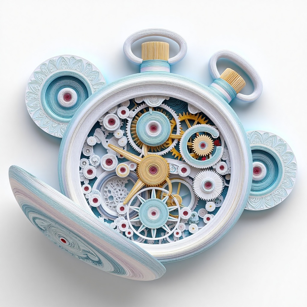 beijihui,a mechanical pocket watch in exploded view, gears and casing crafted from detailed laser-cut paper