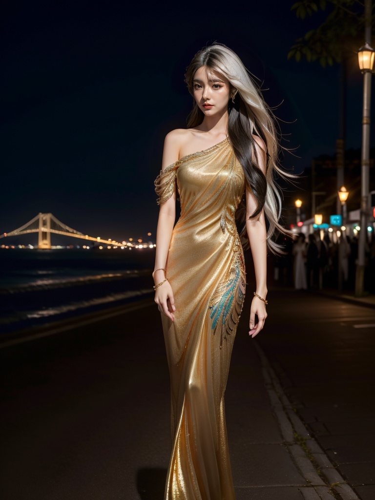 jinyingnvshen,masterpiece,best quality,1girl,exquisite details,set at night by the seaside,white hair,jewelry,<lora:jinyingnvshen-000007:0.7>,exquisite evening dress,