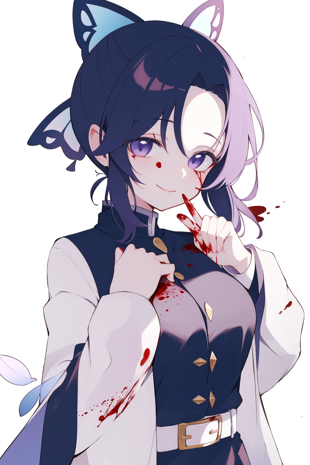 1girl,kochou shinobu,solo,breasts,looking at viewer,smile,portrait,long sleeves,closed mouth,blood,blood on face,blood on clothes,white belt,artbook,simple background,<lora:lbc_hudieren240323_v1.0:0.9>,