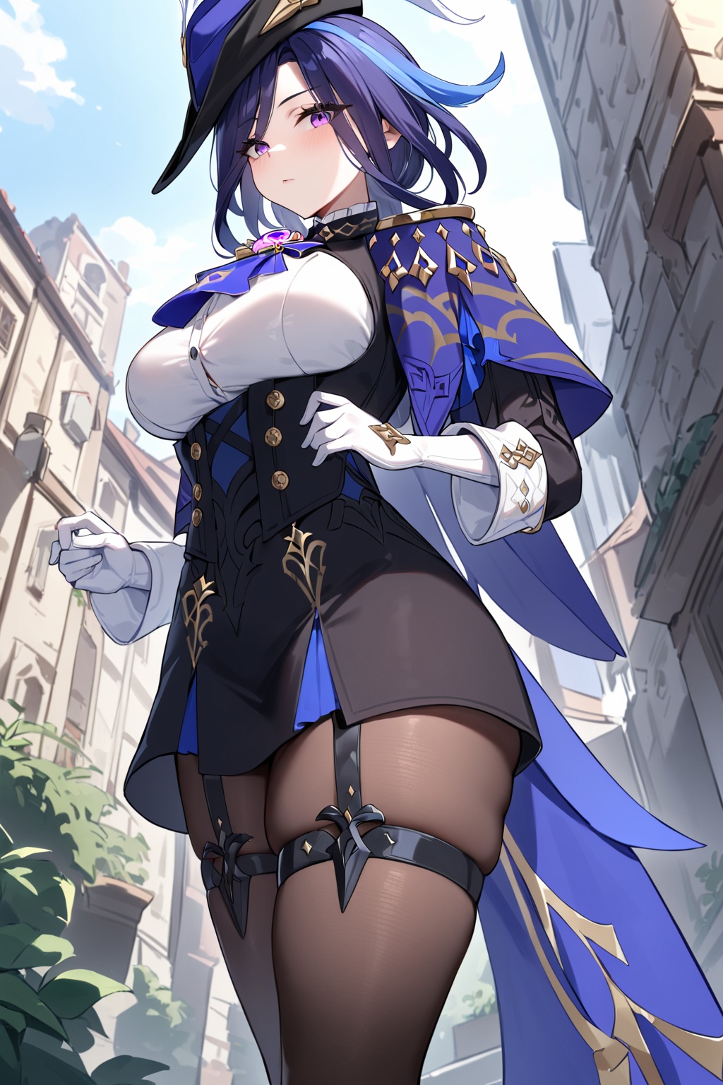 masterpiece,best quality,very aesthetic,absurdres,clorinde \(genshin impact\),1girl,solo,purple eyes,hat feather,tricorne,white gloves,low ponytail,blue cape,blue hair,epaulettes,black pantyhose,ascot,breasts,black skirt,corset,blue headwear,boots,leg garter,high heels,black corset,shirt,outdoors,standing,vision \(genshin impact\),<lora:clorindeXL-000001:1>,