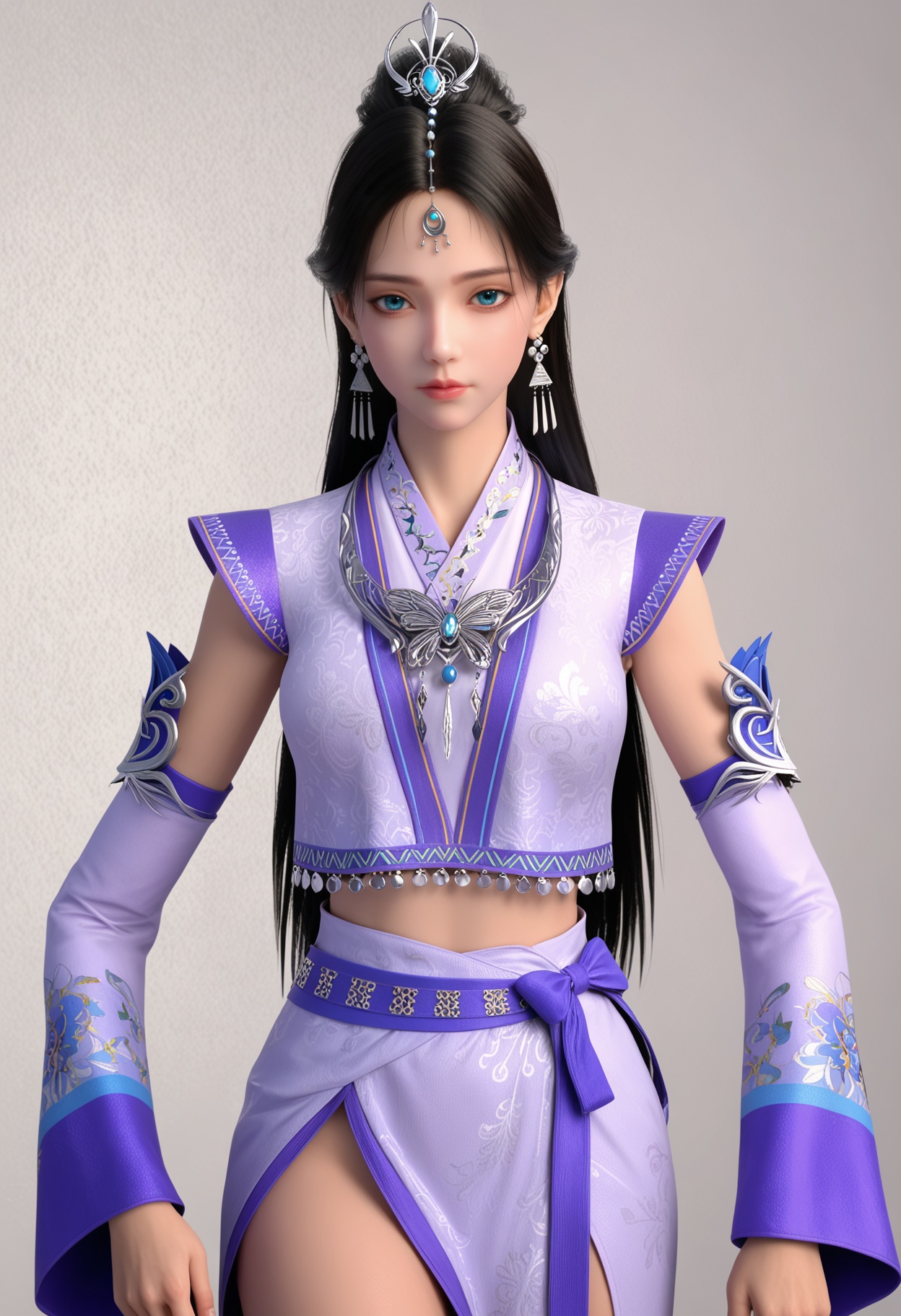 score_9,high detail,best quality,shiny skin,shiny,liuruyan,1girl,solo,blue eyes,long hair,black hair,jewelry,earrings,realistic,hair ornament,white background,closed mouth,dress,forehead jewel,detached sleeves,necklace,hair bun,lips,expressionless,simple background,looking at viewer,cowboy shot,thighs,<lora:QQSponyliuruyanV1:0.8>,<lora:Pony_DetailV2.0:0.8>,<lora:皮肤凹痕:0.1>,