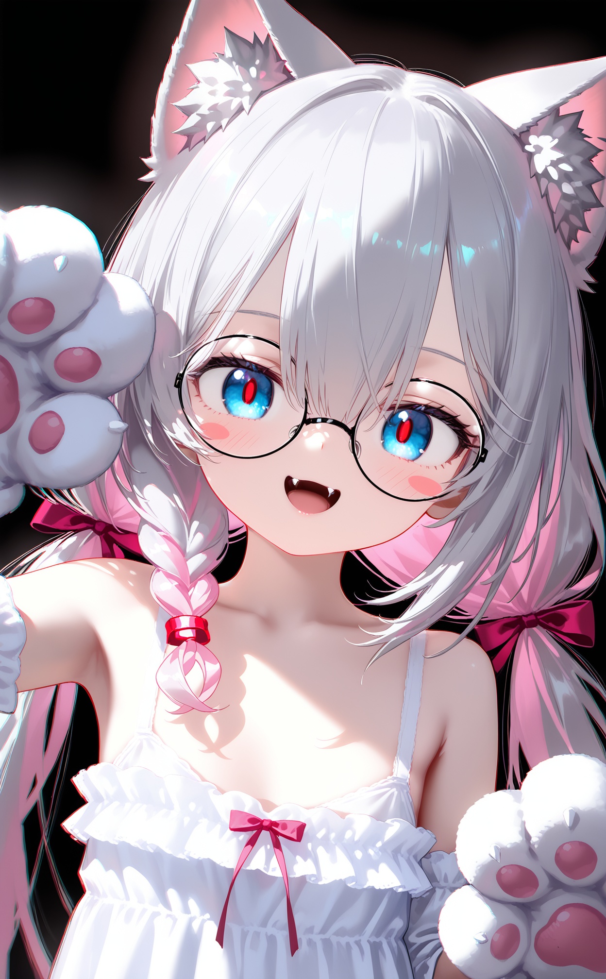 masterpiece,very aware,highres,absurdres,newest,best quality,loli,petite,high quality,chromatic_aberration,//,nyalia style, 1girl, fangs, animal_ear_fluff, solo, hair_bow, animal_ears, hair_between_eyes, bow, pink_bow, smile, braid, bare_shoulders, gloves, glasses, animal_hands, twintails, :d, looking_at_viewer, long_hair, grey_hair, dress, collarbone, multicolored_hair, paw_gloves, upper_body, black_background, semi-rimless_eyewear, white_gloves, white_bra, depth_of_field, blush, pink_hair, blue_eyes, bra, single_braid, white_dress, under-rim_eyewear, open_mouth, white_camisole, sleeveless_dress, underwear, blurry, cat_ears, streaked_hair, frills, blush_stickers, red_pupils, black-framed_eyewear, grey_eyes, camisole, sleeveless, detached_sleeves, round_eyewear, simple_background, pink_ribbon, hand_up//,<lora:nyalia——【noob】hans:1>,