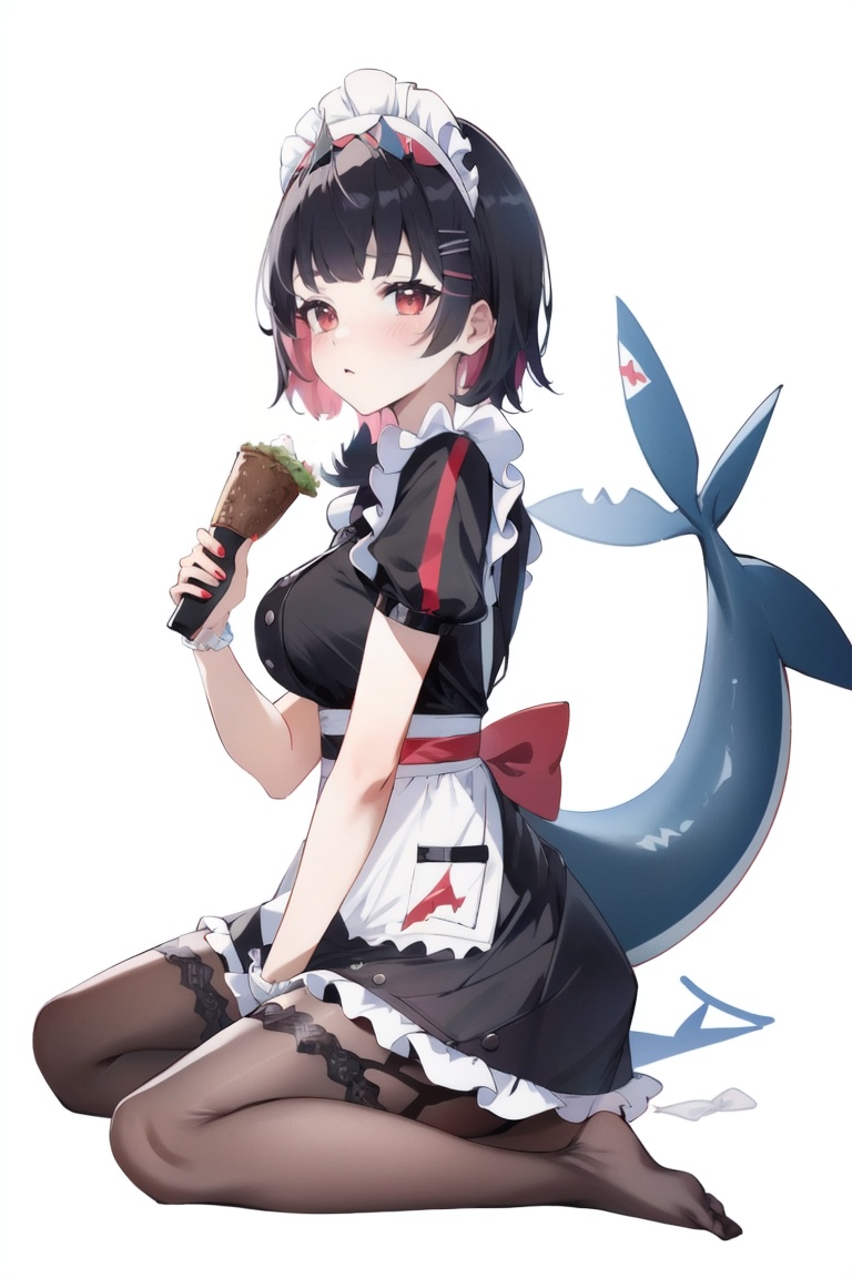((HRD, HUD, 8K)),((masterpiece, best quality)), highly detailed,EllenJoe, 1girl, tail, solo, black hair, food, pantyhose, looking at viewer, red eyes, maid, holding, apron, white background, short sleeves, holding food, short hair, maid headdress, bangs, no shoes, wagashi, dress, simple background, multicolored hair, frills, breasts, black dress, stuffed toy, sitting, eating, white apron, full body, from side, puffy sleeves, fish tail, two-tone hair, stuffed animal, tentacles, black pantyhose, pink hair, medium breasts, frilled apron, maid apron, dango, hair ornament, blunt bangs, puffy short sleeves, waist apron, frilled dress, colored inner hair, wariza, shark, blush, hairclip, <lora:20240705-1720168506454:0.8>