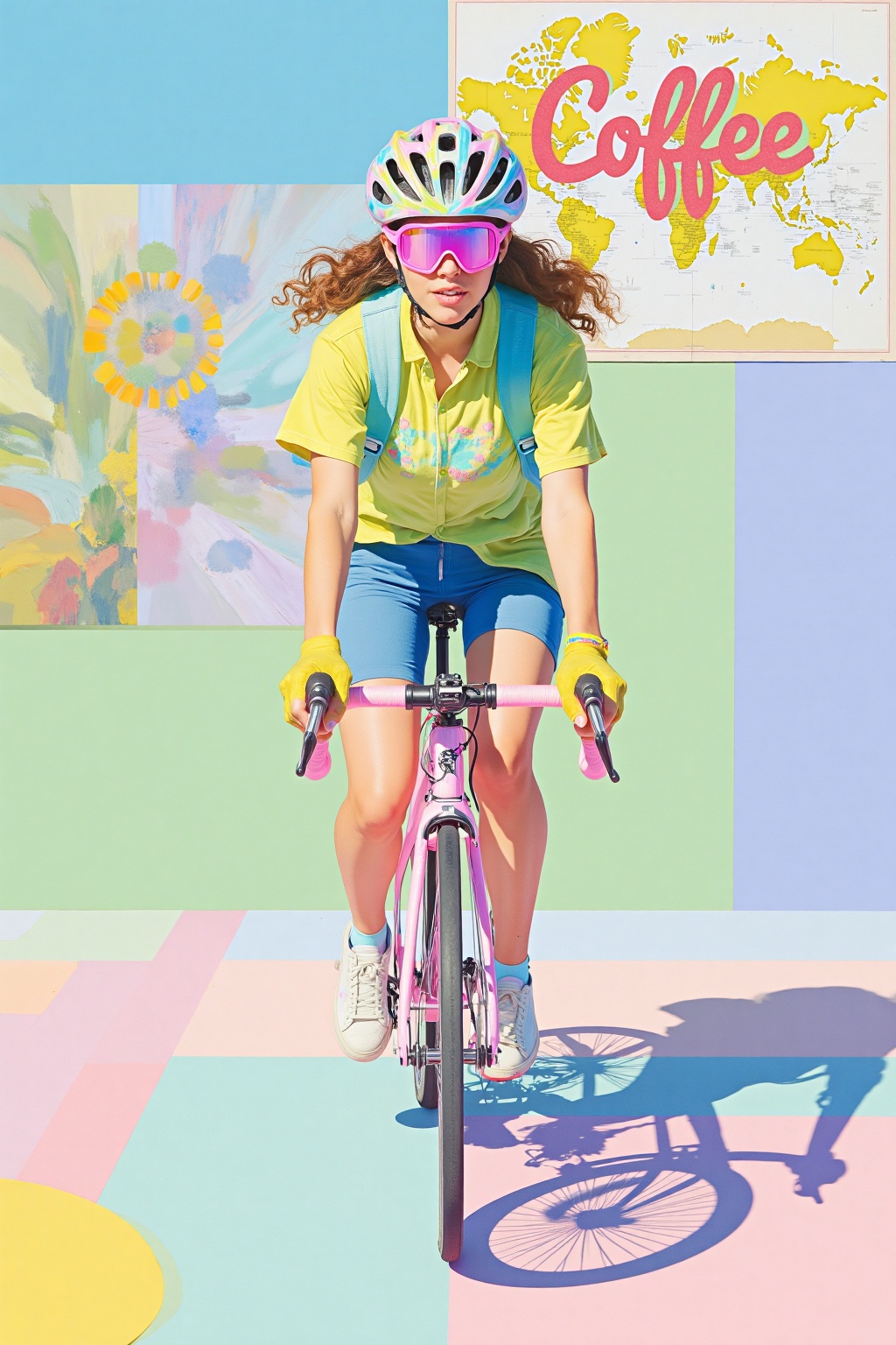 beijihui,a woman is riding a pink bicycle with a helmet and goggles on her head. She is wearing a yellow shirt, blue shorts, and white sneakers. Her hands are covered with yellow gloves. Her helmet is adorned with a colorful design. Her goggles are pink, adding a pop of color to her outfit. The background is a collage of pastel colors, including blue, green, pink, and purple. To the right of the bicycle is a map of the world, with the word "Coffee" written in bold red letters.